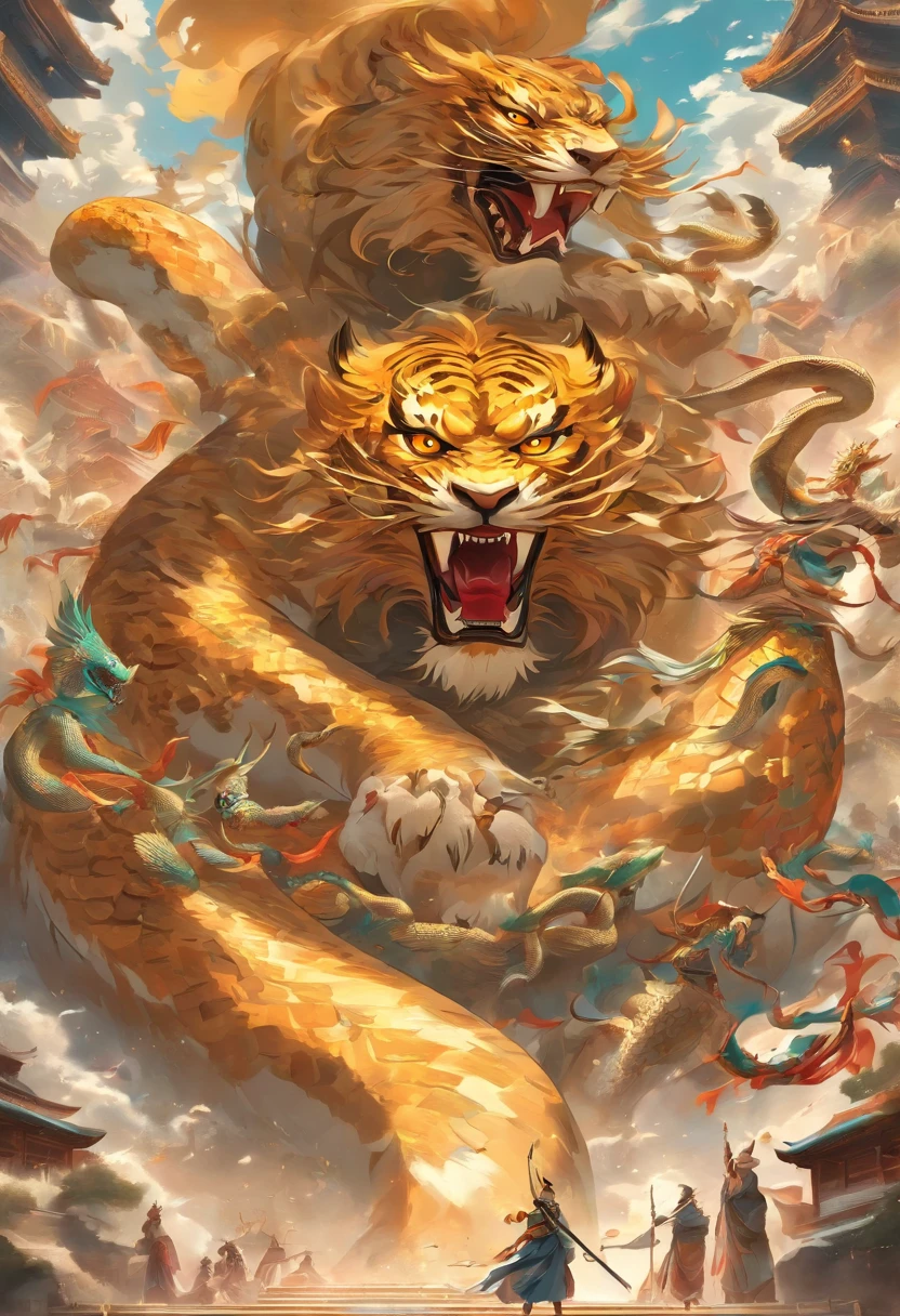 filmposter,The sacred beast of Shan Hai Jing,gourmand,cannibalism , scaleless ,Angular , quadrupedal ,Avareza , ferocious ,immensity ,Devouring ,火焰 , Dragon body ,Lion's head , Tiger claw , Snake tail , mistic ,legends , ancientry , mito ,Cultural symbols ,funk,Dunhuang art,black and gold,2D,low angle shot,very imaginative,Epic。