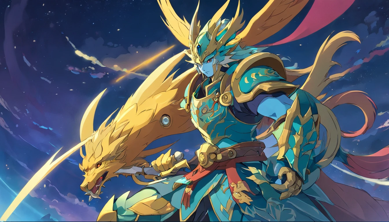 Tablet sketch of the holy god Qinglong armor portrait in the Book of Mountains and Seas、kosmos、rays of moonlight、punky style、old paper texture,in mecha style,The is very detailed,Live-action,China-style