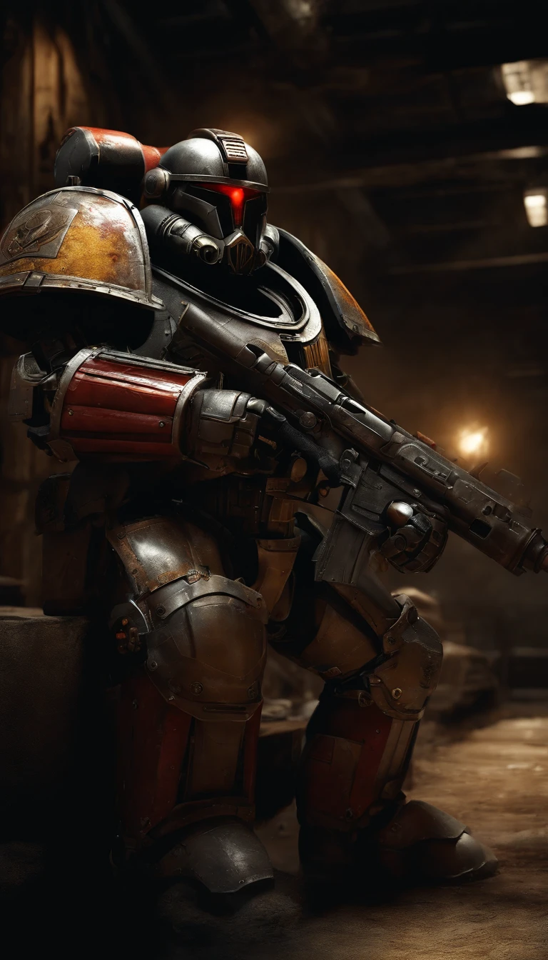 (best quality,4k,8k,highres,masterpiece:1.2),ultra-detailed,(realistic,photorealistic,photo-realistic:1.37),Warhammer 40K Space Marine,Deathwatch Chapter,weaponless,immensely detailed armor and accessories,heroic stance,distinctive power armor,ornate pauldrons and greaves,weathered textures,radiant energy glow,industrial decor,tactical HUD display,combat scars and battle-worn marks,dark futuristic atmosphere,muted color palette,impressive dynamic lighting effects,imposing silhouette,ultra-fine precision in every inch,professionally crafted artwork,gritty and atmospheric,sci-fi concept art,visually stunning,portraits,studio lighting,bokeh,high contrast shading,rawer metallic shading,beaming reflections,holo emitters,vivid colors,sharp focus,heroic proportions,dystopian setting,crimson accents