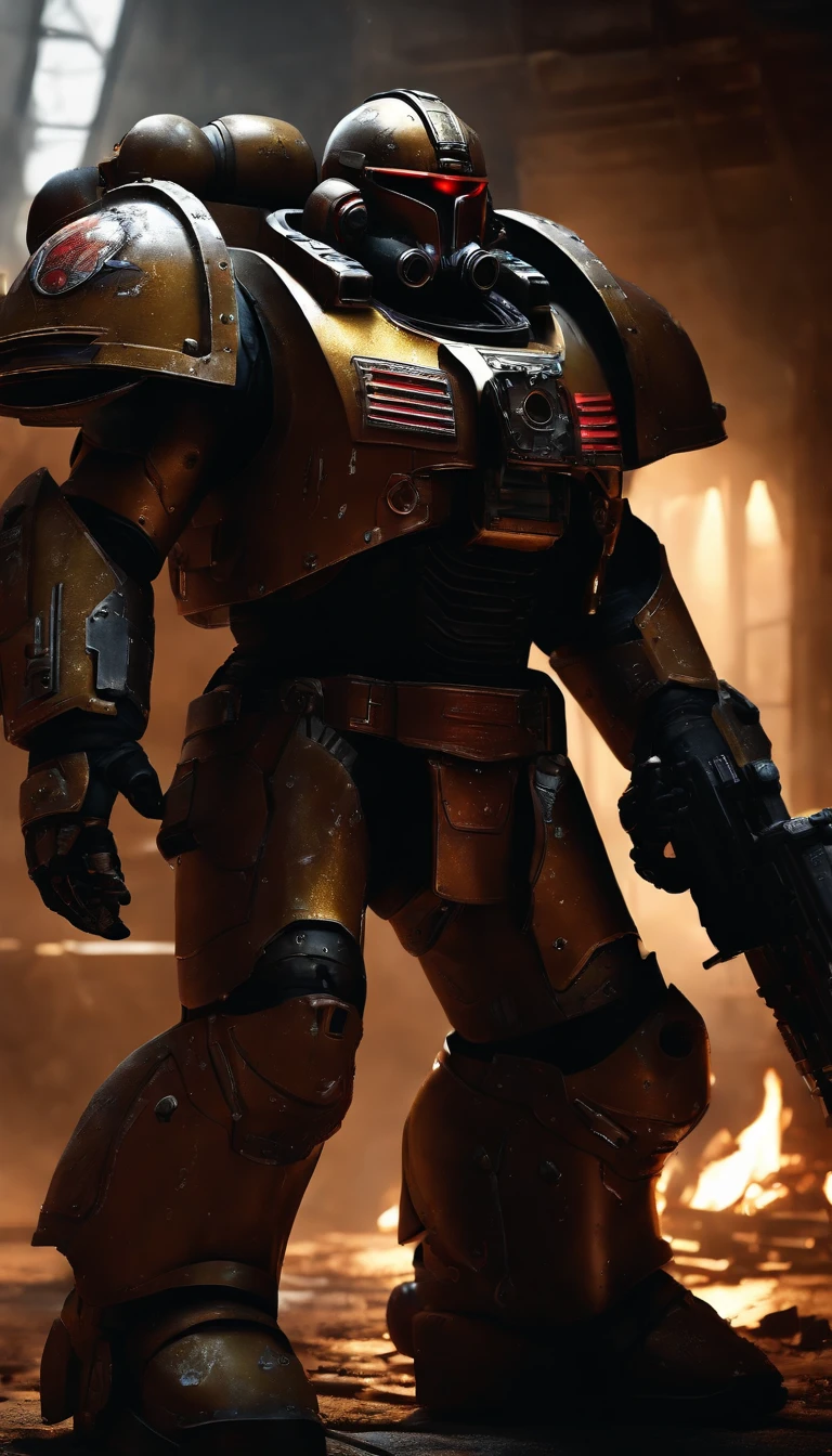 (best quality,4k,8k,highres,masterpiece:1.2),ultra-detailed,(realistic,photorealistic,photo-realistic:1.37),Warhammer 40K Space Marine,Deathwatch Chapter,weaponless,immensely detailed armor and accessories,heroic stance,distinctive power armor,ornate pauldrons and greaves,weathered textures,radiant energy glow,industrial decor,tactical HUD display,combat scars and battle-worn marks,dark futuristic atmosphere,muted color palette,impressive dynamic lighting effects,imposing silhouette,ultra-fine precision in every inch,professionally crafted artwork,gritty and atmospheric,sci-fi concept art,visually stunning,portraits,studio lighting,bokeh,high contrast shading,rawer metallic shading,beaming reflections,holo emitters,vivid colors,sharp focus,heroic proportions,dystopian setting,crimson accents