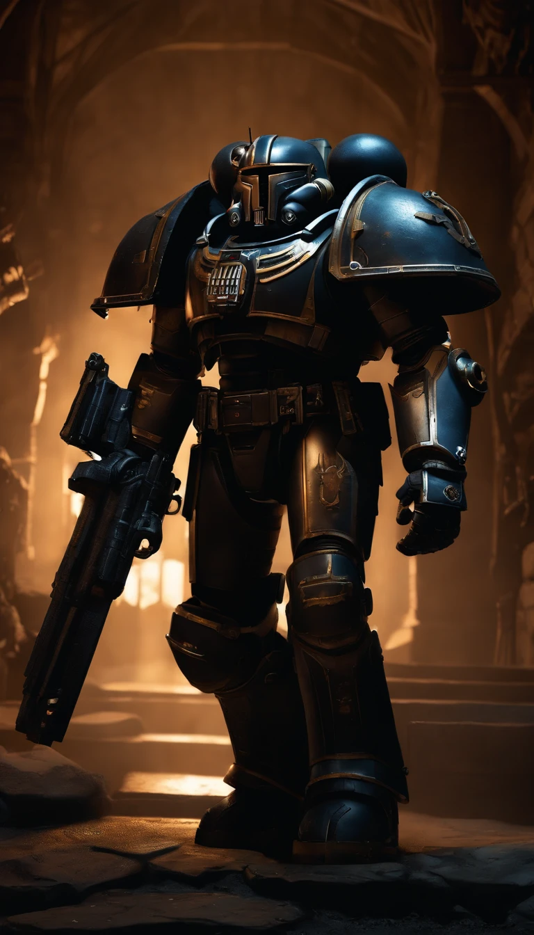 (best quality,4k,8k,highres,masterpiece:1.2),ultra-detailed,(realistic,photorealistic,photo-realistic:1.37),Warhammer 40K Space Marine,Deathwatch Chapter,weaponless,immensely detailed armor and accessories,heroic stance,distinctive power armor,ornate pauldrons and greaves,weathered textures,radiant energy glow,industrial decor,tactical HUD display,combat scars and battle-worn marks,dark futuristic atmosphere,muted color palette,impressive dynamic lighting effects,imposing silhouette,ultra-fine precision in every inch,professionally crafted artwork,gritty and atmospheric,sci-fi concept art,visually stunning,portraits,studio lighting,bokeh,high contrast shading,rawer metallic shading,beaming reflections,holo emitters,vivid colors,sharp focus,heroic proportions,dystopian setting,crimson accents