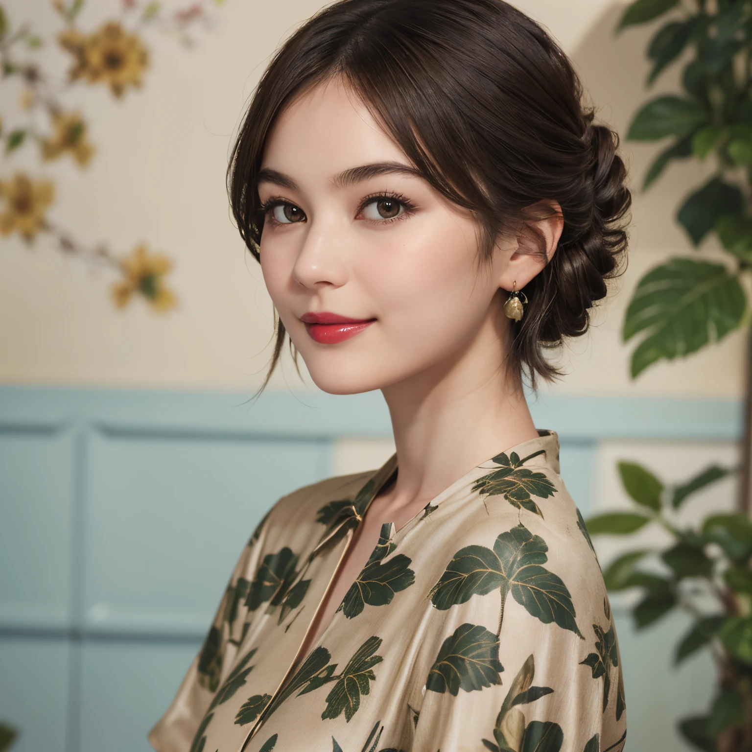 110
(a 20 yo woman,is standing), (A hyper-realistic), (high-level image quality), ((beautiful hairstyle 46)), ((short-hair)), (Gentle smile), (Keep your mouth shut), (lipsticks), (breasted:1.1), (wildlife print clothing)