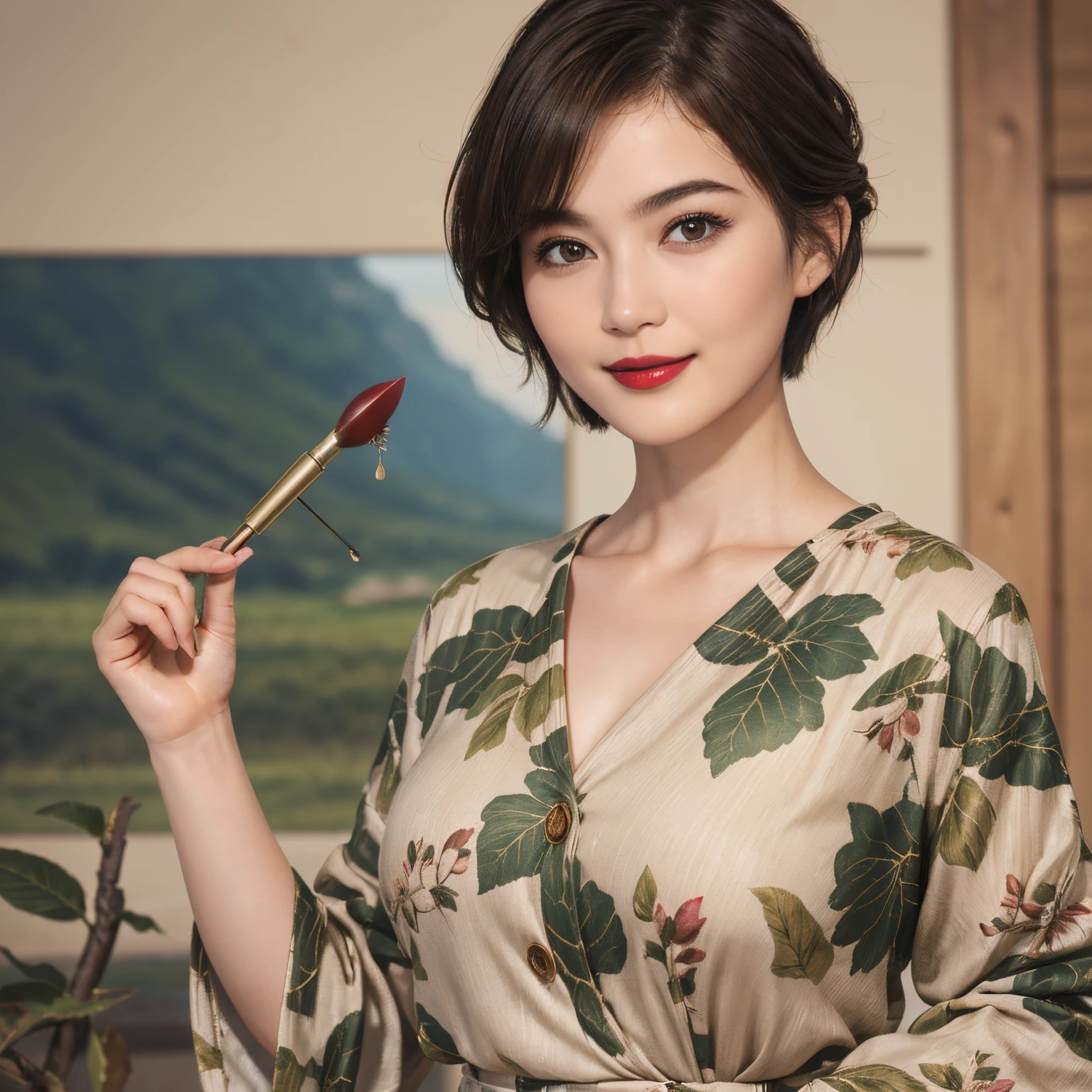 110
(a 20 yo woman,is standing), (A hyper-realistic), (high-level image quality), ((beautiful hairstyle 46)), ((short-hair)), (Gentle smile), (Keep your mouth shut), (lipsticks), (breasted:1.1), (wildlife print clothing)