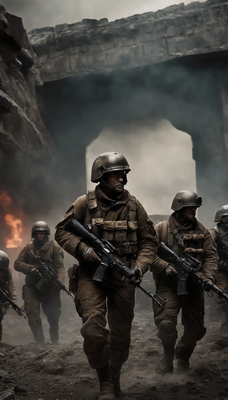 (highres:1.2),ultra-detailed,crimson-skinned Cadian soldiers marching in monumental formation,determined expressions,silver-armored Cadian officers leading the way,glimmering capes flowing in the wind,dynamic poses,grim and gritty industrial background,futuristic ruins,ominous dark clouds looming overhead,blueish lighting casting dramatic shadows,subtle lens flares,exquisite textures highlighting every wrinkle and crease on the soldiers' uniforms,weathered scratches and battle scars on their armor,glistening sweat on their brows,intense gaze in their detailed eyes,reflection of determination on their chiseled faces,multiple Cadian flags billowing triumphantly,mind-blowing attention to realistic facial features,facial hair and tattoos adding character and depth to the soldiers,fierce winds blowing their helmets' visors,metallic sheen on their power packs and belts,subtle dirt and grime on their boots, layers of dust and rubble in the background,crystal-clear focus capturing even the smallest details,professional-grade color grading,contrasting earthy tones with vibrant reds and blues,dynamic range enhancing the overall cinematic feel,emphasizing every intricate detail and fold in the uniforms,creating a sense of depth and texture,unparalleled realism in capturing the essence of the grim and dark future of the 41st millennium.