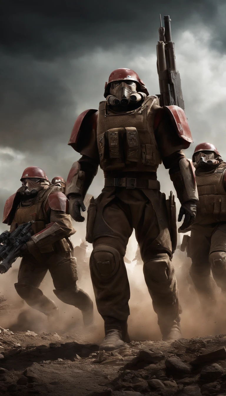 (highres:1.2),ultra-detailed,crimson-skinned Cadian soldiers marching in monumental formation,determined expressions,silver-armored Cadian officers leading the way,glimmering capes flowing in the wind,dynamic poses,grim and gritty industrial background,futuristic ruins,ominous dark clouds looming overhead,blueish lighting casting dramatic shadows,subtle lens flares,exquisite textures highlighting every wrinkle and crease on the soldiers' uniforms,weathered scratches and battle scars on their armor,glistening sweat on their brows,intense gaze in their detailed eyes,reflection of determination on their chiseled faces,multiple Cadian flags billowing triumphantly,mind-blowing attention to realistic facial features,facial hair and tattoos adding character and depth to the soldiers,fierce winds blowing their helmets' visors,metallic sheen on their power packs and belts,subtle dirt and grime on their boots, layers of dust and rubble in the background,crystal-clear focus capturing even the smallest details,professional-grade color grading,contrasting earthy tones with vibrant reds and blues,dynamic range enhancing the overall cinematic feel,emphasizing every intricate detail and fold in the uniforms,creating a sense of depth and texture,unparalleled realism in capturing the essence of the grim and dark future of the 41st millennium.