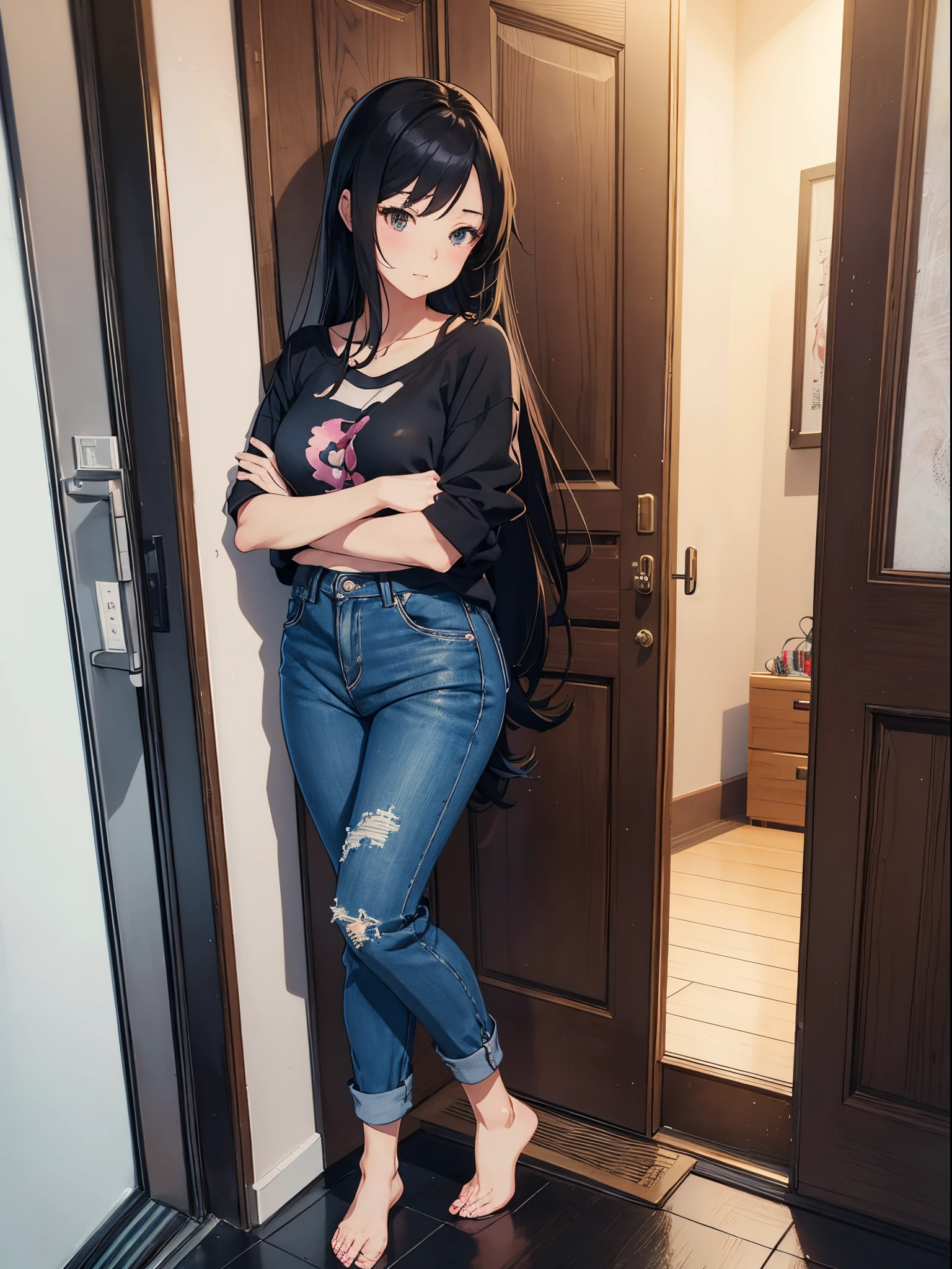 A woman leaning against the door posing for a photo, an anime drawing by Shitao, Hot topics on pixiv, scribbles, realistic anime 3D style, seductive anime girls, attractive anime girls, Guweiz style artwork, beautiful alluring anime teen, Casual pose, anime girl in real life, realistic young anime girl, ecchi style