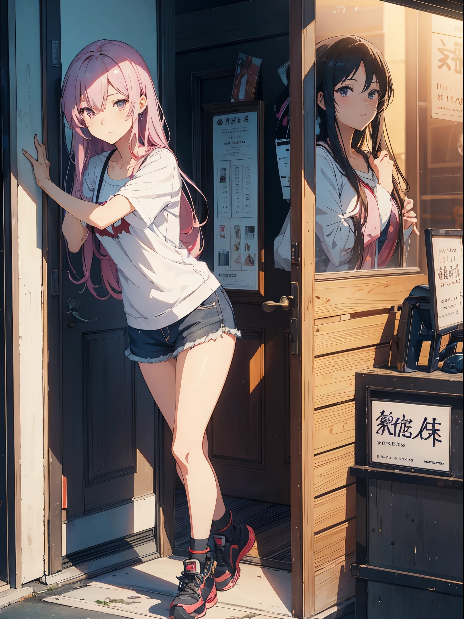 A woman leaning against the door posing for a photo, an anime drawing by Shitao, Hot topics on pixiv, scribbles, realistic anime 3D style, seductive anime girls, attractive anime girls, Guweiz style artwork, beautiful alluring anime teen, Casual pose, anime girl in real life, realistic young anime girl, ecchi style