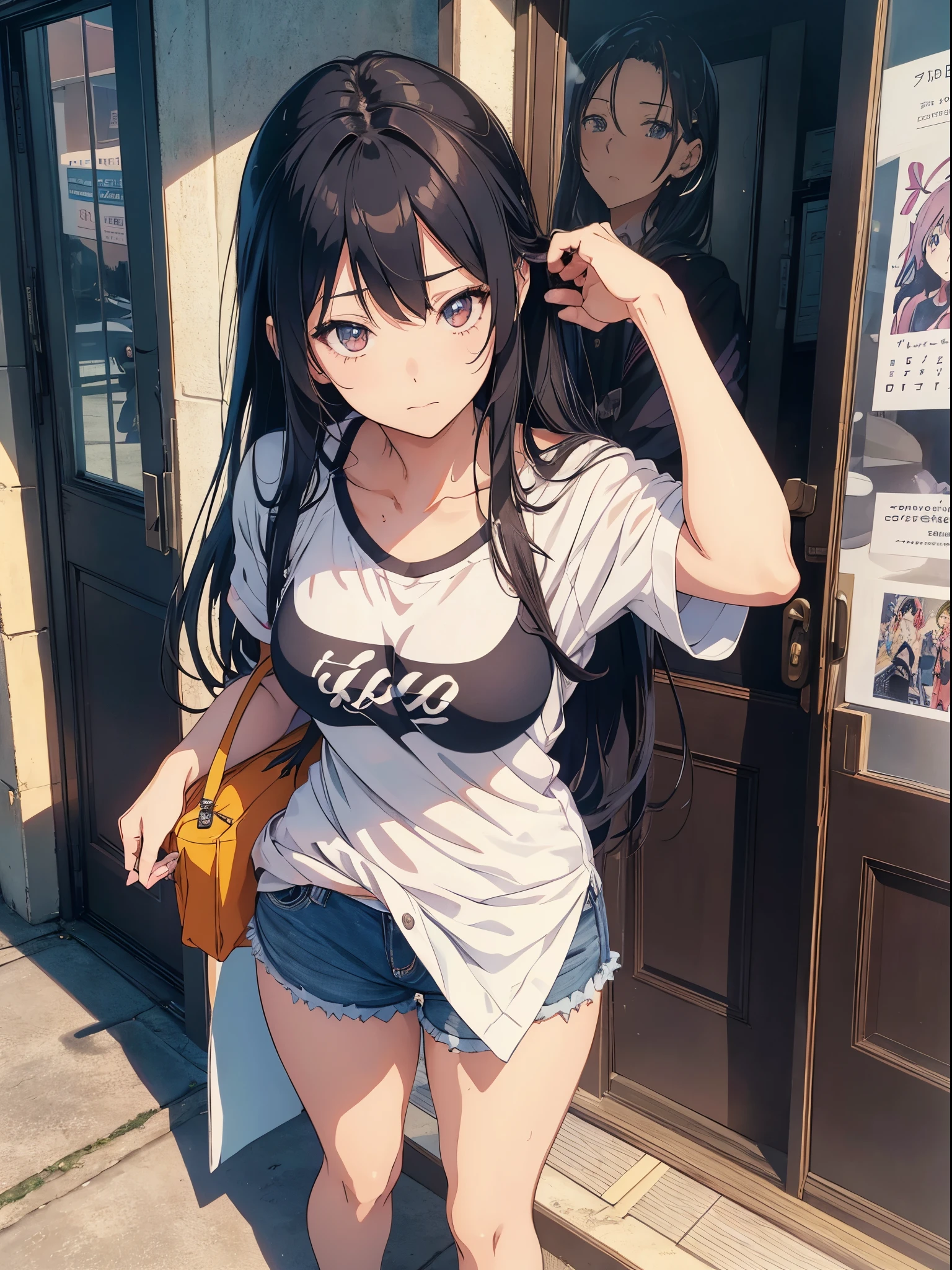 A woman leaning against the door posing for a photo, an anime drawing by Shitao, Hot topics on pixiv, scribbles, realistic anime 3D style, seductive anime girls, attractive anime girls, Guweiz style artwork, beautiful alluring anime teen, Casual pose, anime girl in real life, realistic young anime girl, ecchi style