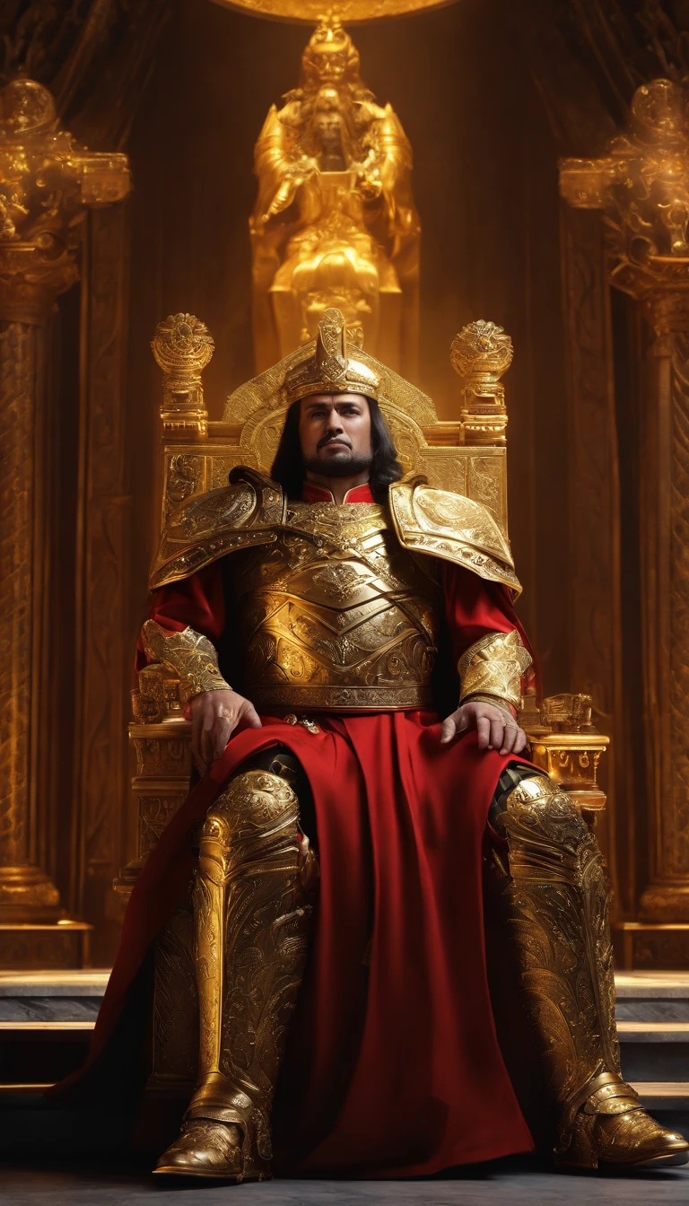 An epic image of the Emperor of Warhammer 40K sitting on a golden throne in a surreal art style. (best quality,4k,8k,highres,masterpiece:1.2), ultra-detailed, (realistic,photorealistic,photo-realistic:1.37), HDR, studio lighting, ultra-fine painting, sharp focus, physically-based rendering, extreme detail description, professional, vivid colors, bokeh. With an emphasis on the Emperor's regalia, including his intricate armor, glowing eyes, and majestic aura. The surrounding environment should be awe-inspiring, with celestial backdrops and floating debris. The overall color scheme should be dark and grim, with hints of vibrant energy pulsating through the Emperor and his throne.