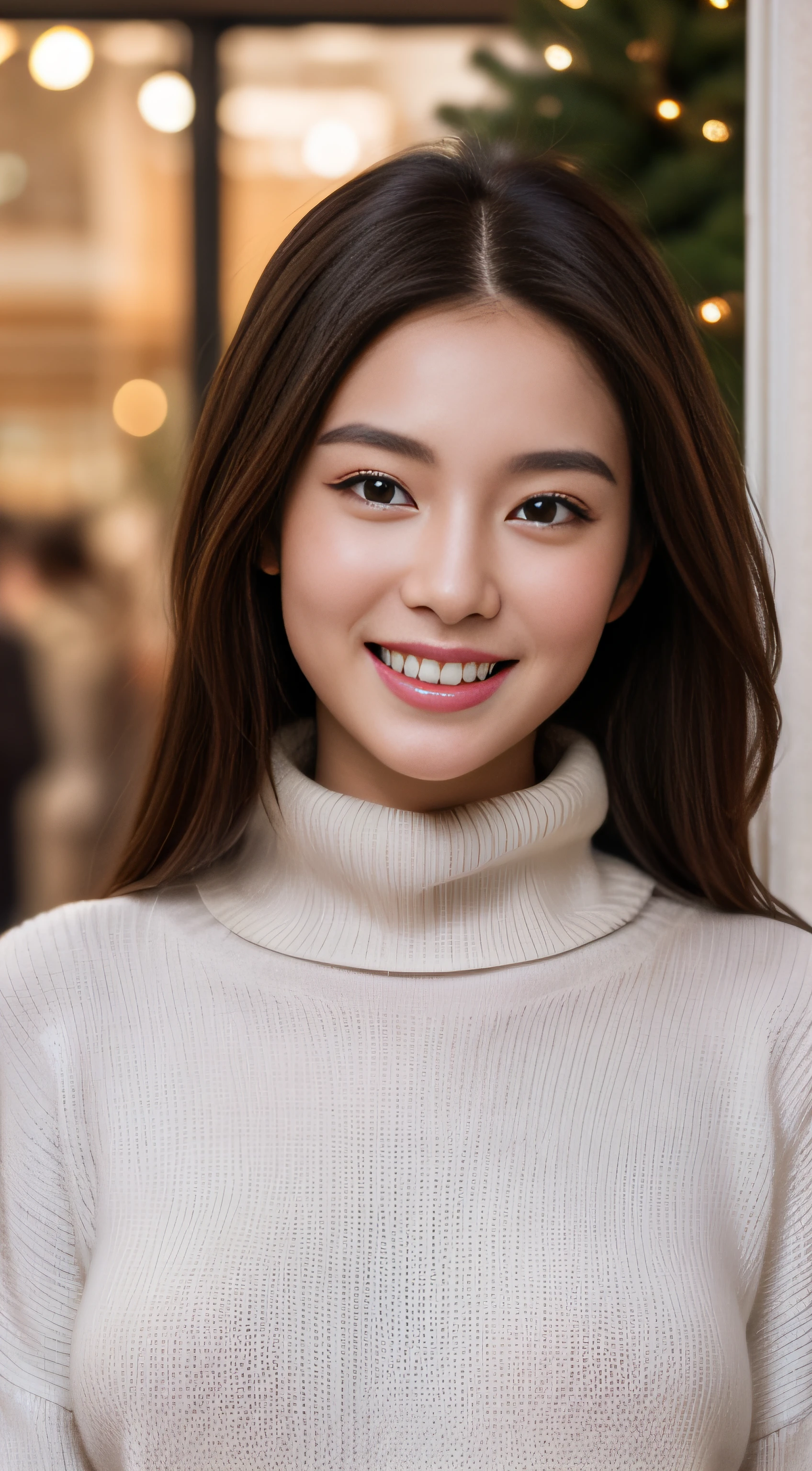 The face is a hostess、alluring face、Turtleneck sweater、hiquality、A hyper-realistic、healthy、Smiling expression、Slender perfect figure、Japan beauties、beautidful eyes、face perfect、Beautiful skin、The upper part of the body、Christmas、shopping