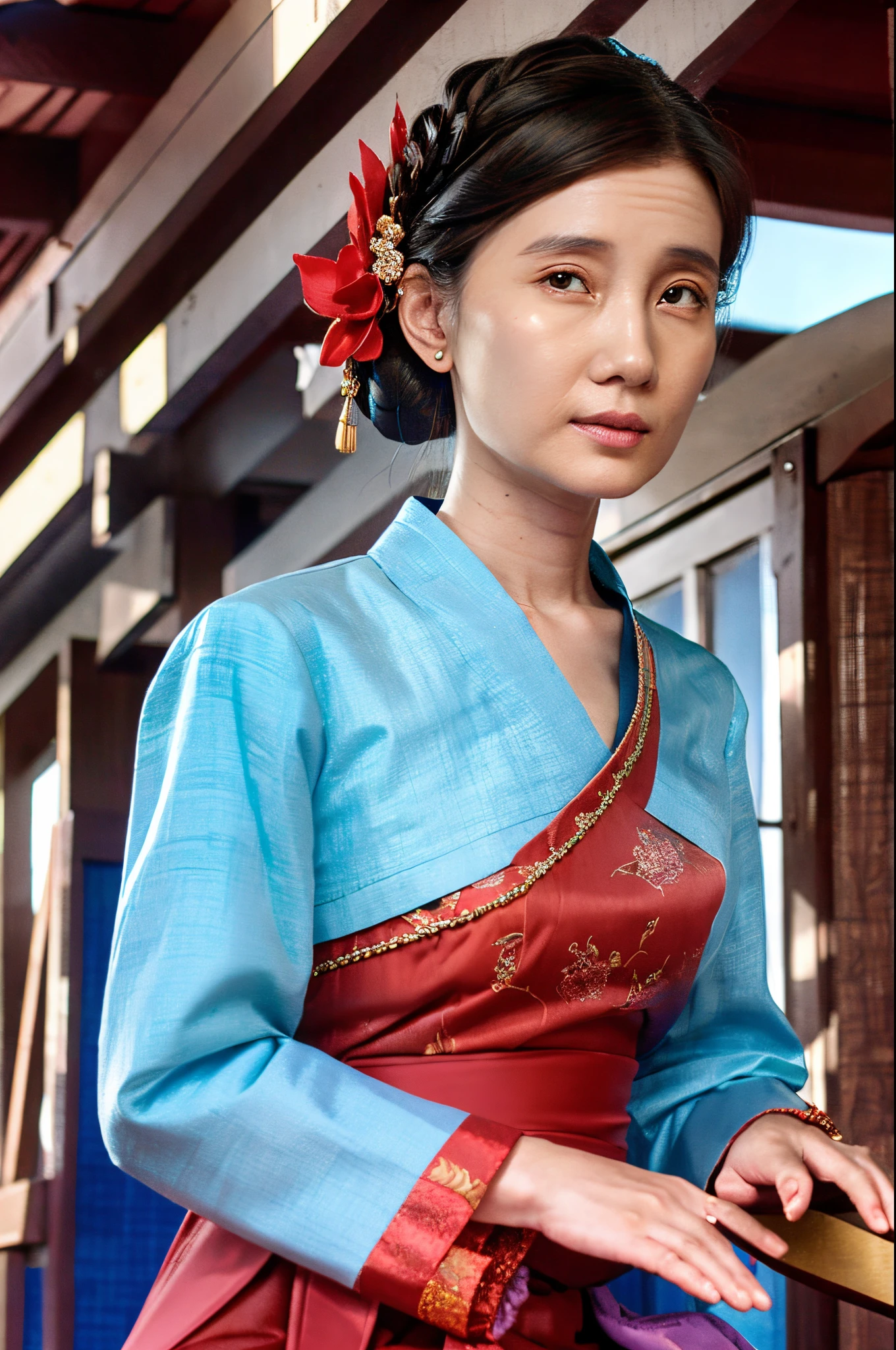 a close up of a woman wearing a blue theme dress and a tia, a colorized photo inspired by Huang Ji, trending on cg society, Girl in traditional Chinese costume，exquisitedetails，Correct proportions，dreamy background，cloisonnism, palace ， a girl in hanfu, chinese style, hanfu, Be red in the face，Perfect facial features，Rich in detail，girl，photorealestic，3D，Delicate skin，perfectly shaded，电影灯光，wearing ancient chinese clothes, beautiful render of tang dynasty, a beautiful fantasy empress, traditional beauty, ((a beautiful fantasy empress)), traditional chinese, ,((Best quality))),8k,((Masterpiece)),(Extremely refined and beautiful), award winning photograph, Impeccable，Need，golden red color，Arbitrary action，Any angle，