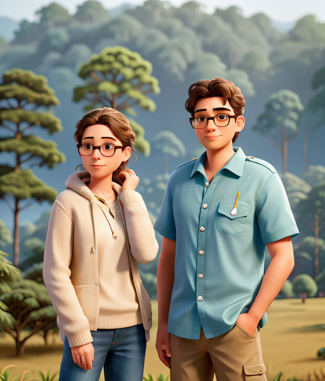 they are standing in a field with trees and a forest behind them, in front of a forest background, portrait of two people, jungles in the background, in jungle, in jungle forest, portait image, 2 people, boy have top knot hair,,shot on sony a 7, ghutra and egal, in forest jungle, both wearing spectacles, in mountains, shot on canon eos r5
