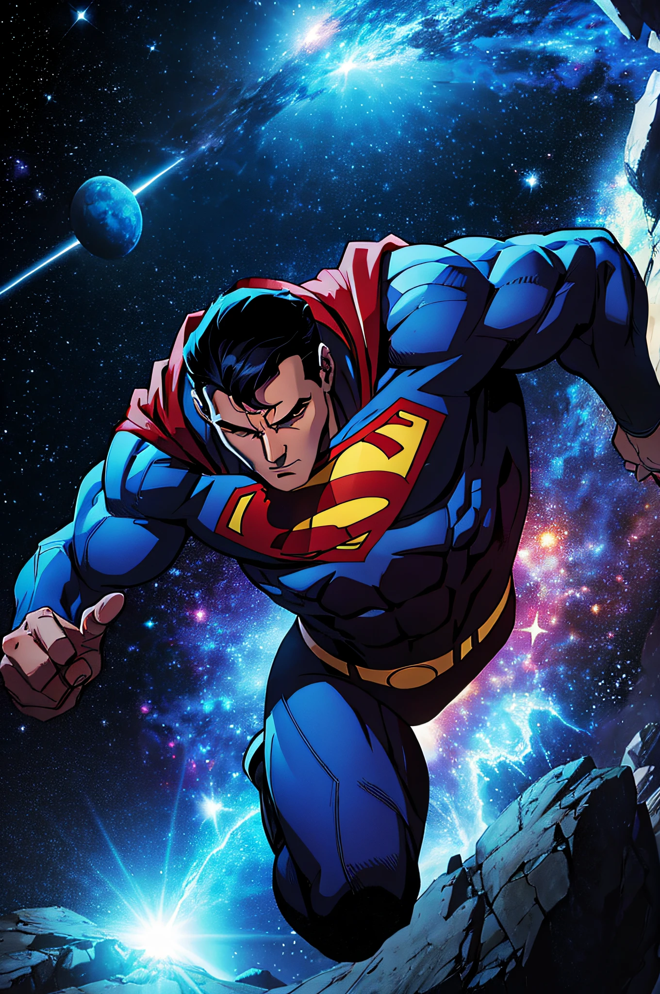 Generate an illustration featuring a superhero set in a cosmic space environment, with a strong
emphasis on anatomical accuracy and realism. The character should adhere strictly to realistic
proportions, with accurate muscle definition and human features. Discourage exaggerated poses and
bold lines. Create a depiction that prioritizes true-to-life human anatomy against the backdrop of
the vastness of space, providing a departure from the stylized and dynamic characteristics associated
with Joe Shuster's Superman