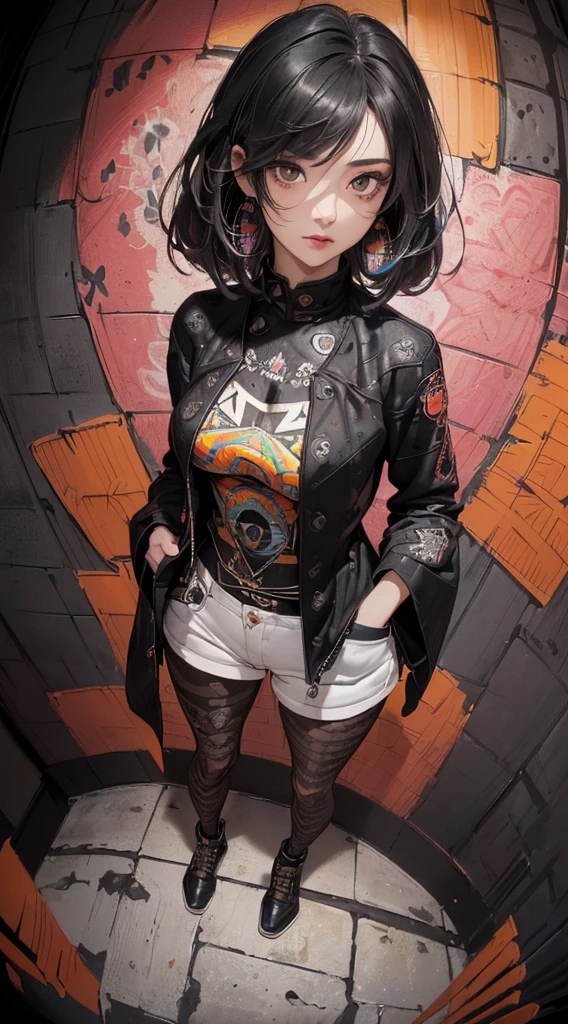 (((8k wallpaper of extremely detailed CG unit:1.2, masterpiece, hight resolution:1.2, top-quality:1.2, masutepiece))), ((a very beautiful woman, Hands in pockets:1.8, Grunge Fashion:1.2, Wear outerwear:1.2, Wearing hot pants, Wearing shoes)), ((extra detailed face, Highly detailed black eyes, extra detailed body, Top quality real texture skins)), (A dark-haired, length hair, de pele branca), ((Colorful geometric patterns are painted all over the wall.., Colorful wall)), (high-angle:1.2, Fisheye:1.3), hyper realisitic, digitial painting,