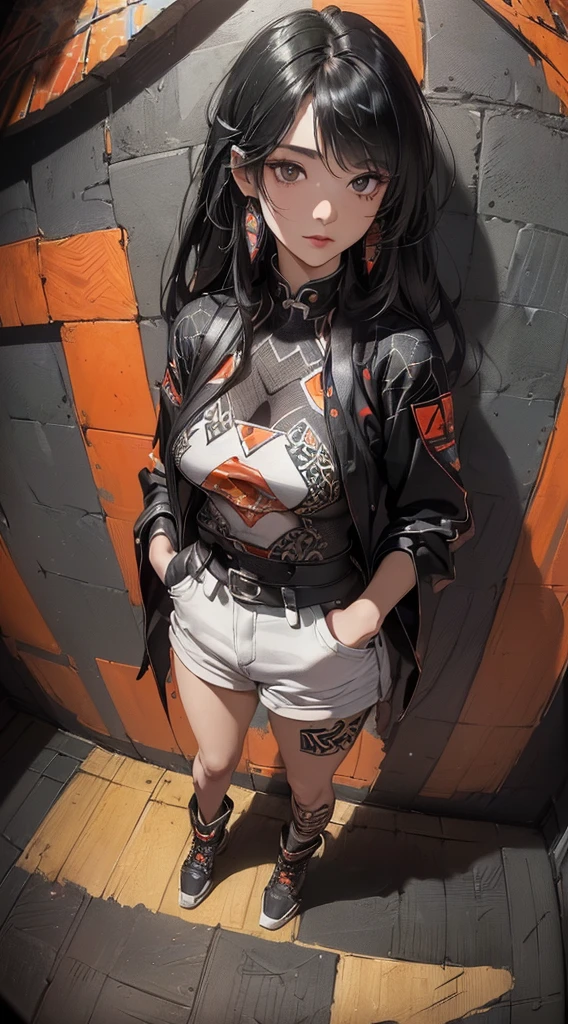 (((8k wallpaper of extremely detailed CG unit:1.2, ​masterpiece, hight resolution:1.2, top-quality:1.2, masutepiece))), ((a very beautiful woman, Hands in pockets:1.8, Grunge Fashion:1.2, Wear outerwear:1.2, Wearing hot pants, Wearing shoes)), ((extra detailed face, Highly detailed black eyes, extra detailed body, Top quality real texture skins)), (A dark-haired, length hair, de pele branca), ((Colorful geometric patterns are painted all over the wall.., Colorful wall)), (high-angle:1.2, Fisheye:1.3), hyper realisitic, digitial painting,