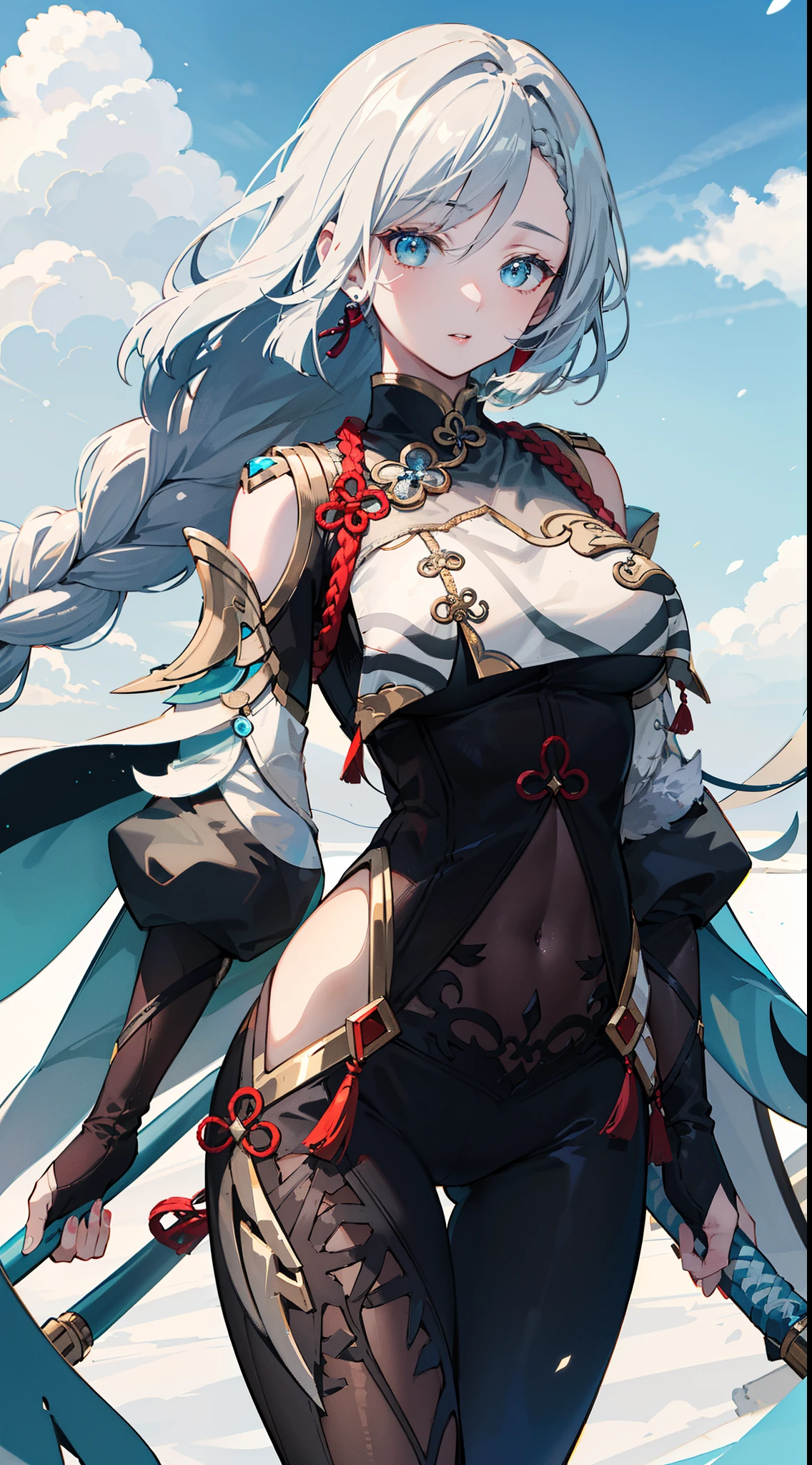 shenhedef, The upper part of the body, Seductive look, Be red in the face, Outdoor activities, snowflake landscape, looking at viewert, Cloudy, moody light, (perfect detail eyes:1.2), glowing light eyes, (Long hair with a braid:1.2), Elemental skill effects, (tmasterpiece, Best quality at best, high qulity:1.4), professionalartwork, Complicated details, Field of View, Focus sharp, Detailed drawing, Photorealistic lighting, Hot topics on pixiv, (Vivid lighting, vivd colour:1.05), realistic shaded, Environmental occlusion, (Sporty body:1.3), Mature woman, 30 age old,