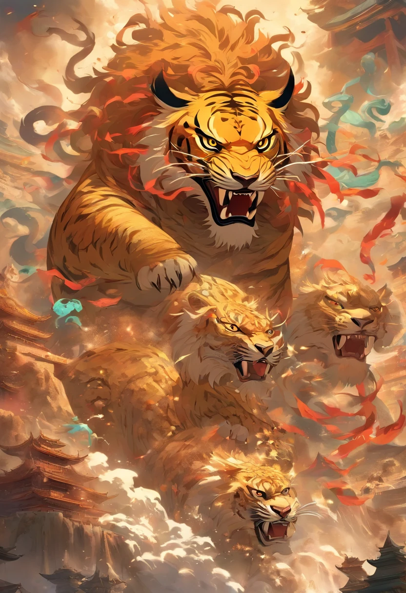 filmposter,The sacred beast of Shan Hai Jing,gourmand,cannibalism , scaleless ,Angular , quadrupedal ,Avareza , ferocious ,immensity ,Devouring ,火焰 , Dragon body ,Lion's head , Tiger claw , Snake tail , mistic ,legends , ancientry , mito ,Cultural symbols ,funk,Dunhuang art,black and gold,2D,low angle shot,very imaginative,Epic。