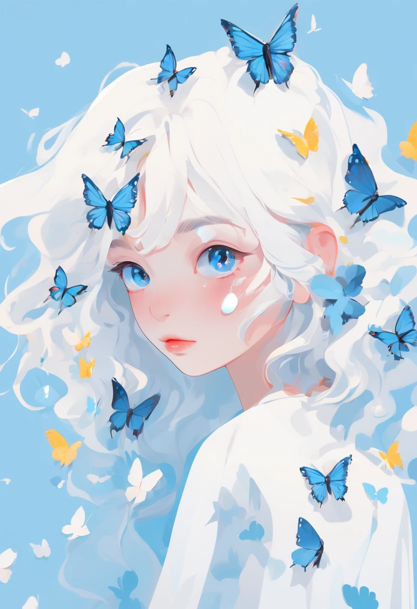 1girl,White hair,color contact lenses, colored eyelashes,cute,A few butterflies,Blue background,White and blue,Sense of art,minimalist art,vector illustration,Flat illustration,anime