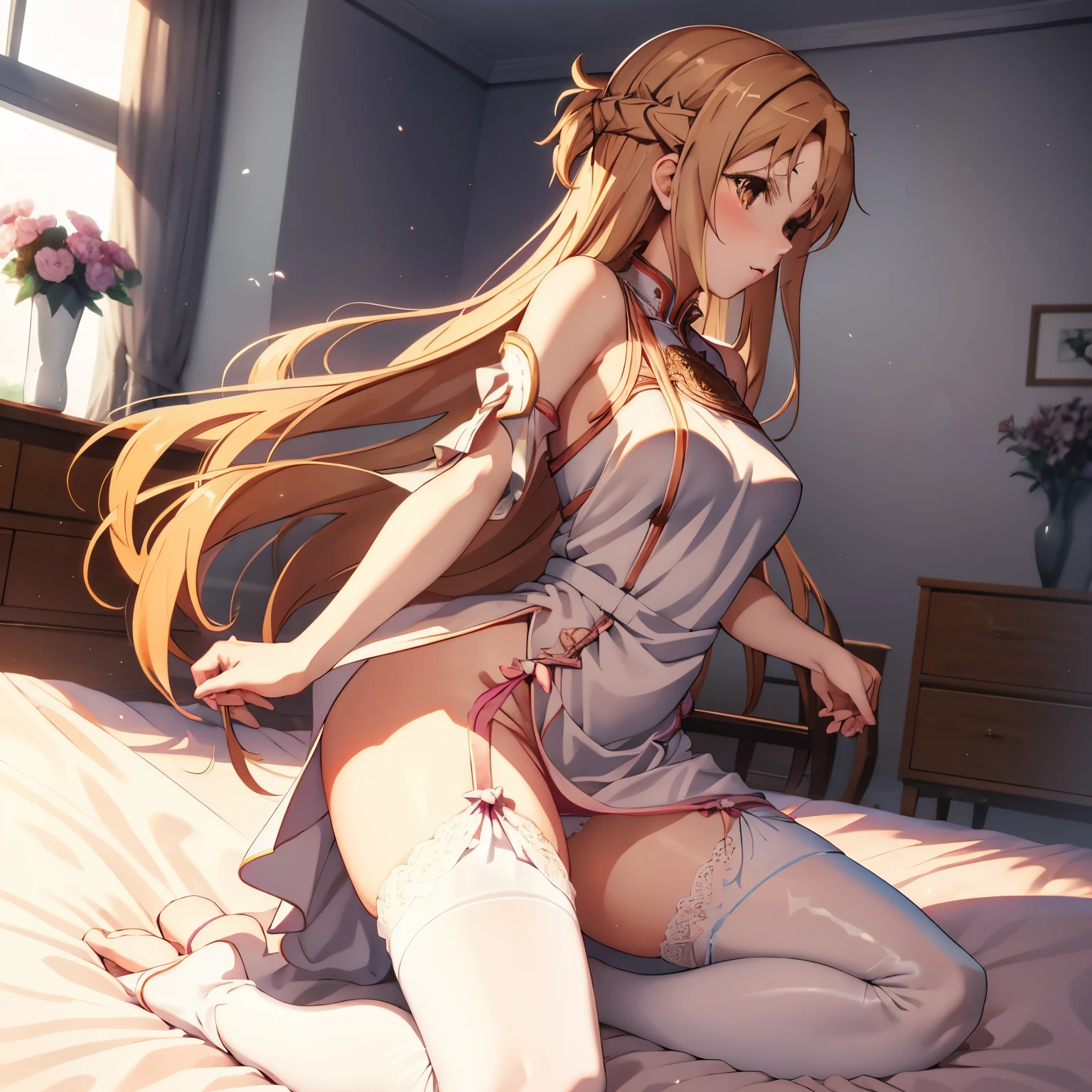 Asuna、Sword Art Online、JK Packing、Single horsetail, Yuuki Asuna, High quality, 8K, master piece, {{{{masutepiece}}}}, {{{Hyper Detailed}}}, {{{hight resolution}}}, {{Good anatomy}}, (((Best Quality))), ((extremely delicate and beautiful)), {{an extremely detailed and delicate}}, {8k cg wallpaper}, {{Illustration}}, Ray tracing, sleeveless dress, cheongsam tunic suit, pelvis curtain, High Slit Dress, Asuna,white lace panties, dress lift,nsfw, panty shot,upskirt on the bed,kneeling, cameltoe, female masturbation, crotch grab, cum in ass, pink steam, spread pussy, pubic hair,