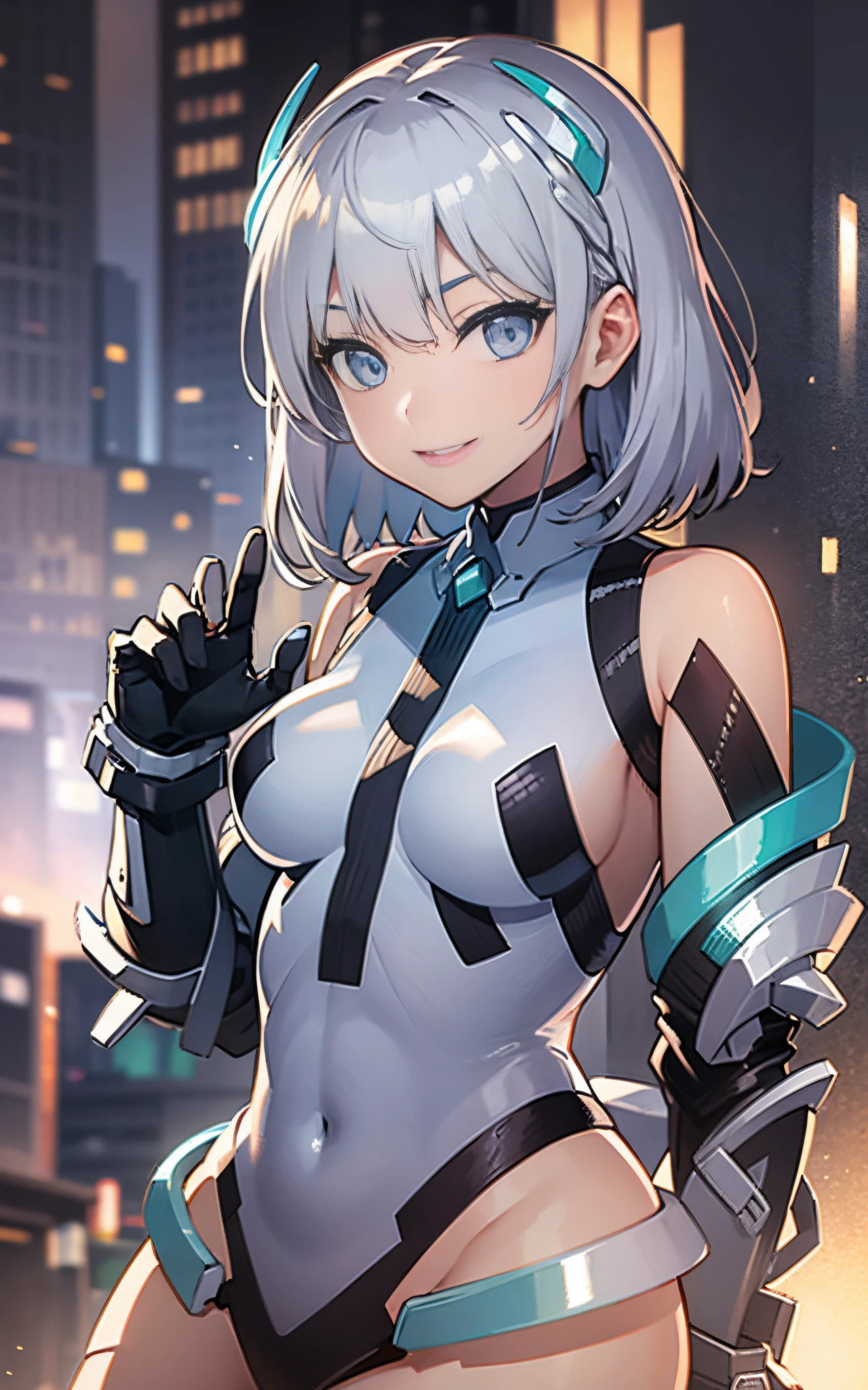 lightsmile, deva battle suit, Outdoors, Silver hair, bobhair, Blue eyes, waist shot