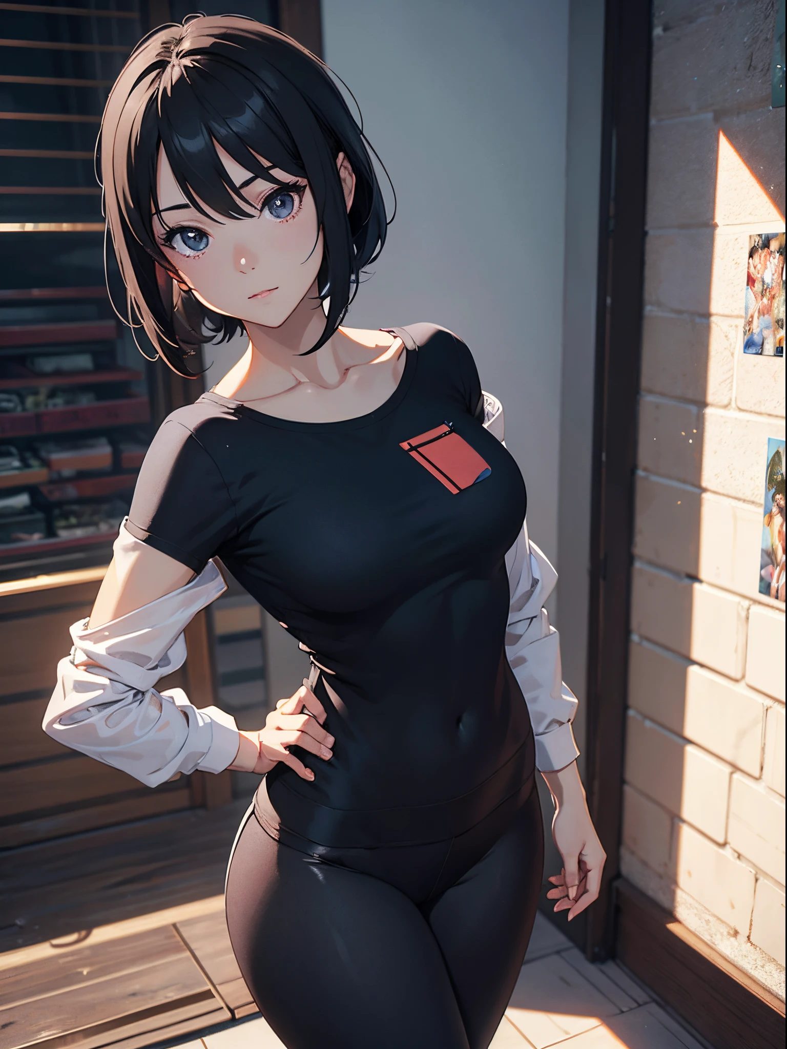 Woman wearing black leggings posing for photo, The head is not exposed，Wearing half-sleeved upper body，[ 4K realism ]!!, [ 4K realism ]!!!, [ 4K digital art ]!!, Realistic shadow perfect body, realisticlying!!!!!!! art-style, photorealistic anime, by Shitao, Popular topics on cgstation, Casual pose, realistic anime 3D style