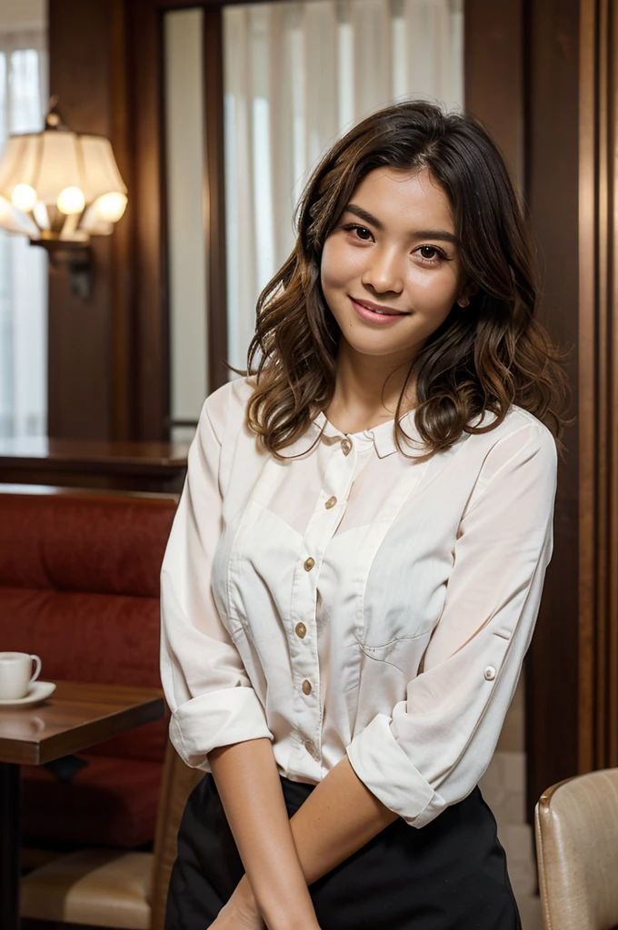 there is a hotel manager, in front of hotel resto, looking at the camera, feel satisfied, smile, in the morning, there is sunlight bokeh, modern ambience restaurant, beautiful young woman, tanned skin, curly hair,