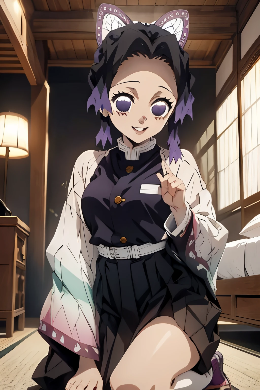 (Masterpiece, Best Quality:1.2), Cowboy shot, 独奏, male focus, 1boy, Kokichi's own, grin, looking a viewer, crossed arms, Demon Slayer Uniform, schizophrenia, Creepy abstraction in the background