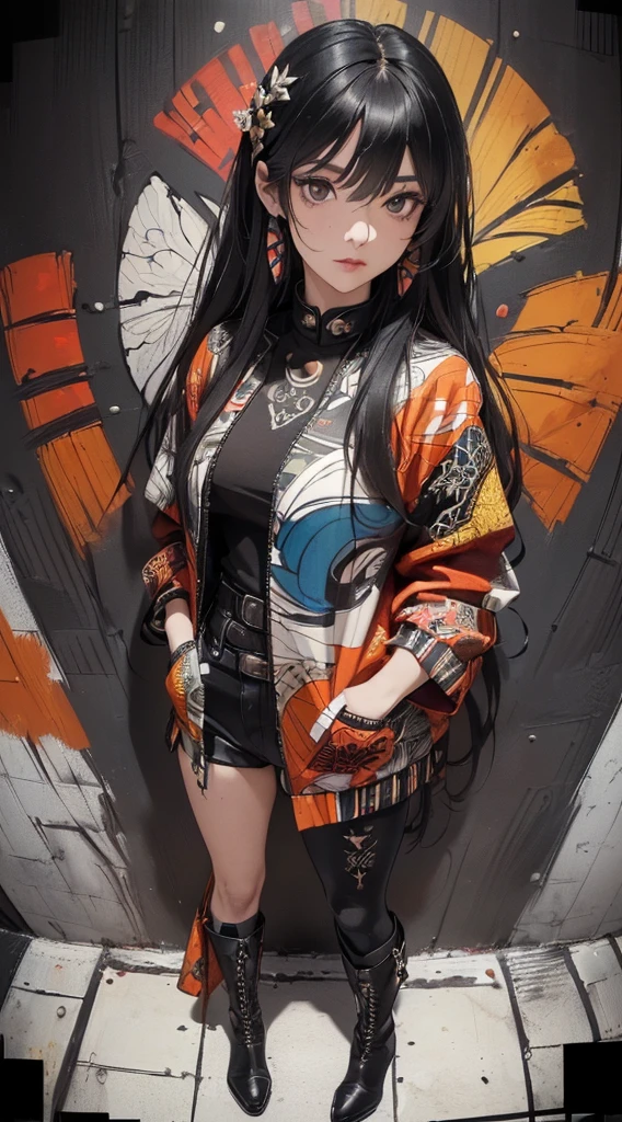 (((8k wallpaper of extremely detailed CG unit:1.2, masterpiece, hight resolution:1.2, top-quality:1.2, masutepiece))), ((a very beautiful woman, Hands in pockets:1.8, Grunge Fashion:1.2, Wear outerwear:1.2, Wearing hot pants, Wearing boots)), ((extra detailed face, Highly detailed black eyes, extra detailed body, Top quality real texture skins)), (A dark-haired, length hair, de pele branca), ((Colorful geometric patterns are painted all over the wall..., Colorful wall)), (high-angle:1.2, Fisheye:1.3), hyper realisitic, digitial painting,