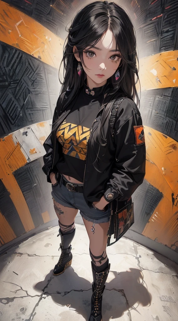 (((8k wallpaper of extremely detailed CG unit:1.2, ​masterpiece, hight resolution:1.2, top-quality:1.2, masutepiece))), ((a very beautiful woman, Hands in pockets:1.8, Grunge Fashion:1.2, Wear outerwear:1.2, Wearing hot pants, Wearing boots)), ((extra detailed face, Highly detailed black eyes, extra detailed body, Top quality real texture skins)), (A dark-haired, length hair, de pele branca), ((Colorful geometric patterns are painted all over the wall..., Colorful wall)), (high-angle:1.2, Fisheye:1.3), hyper realisitic, digitial painting,