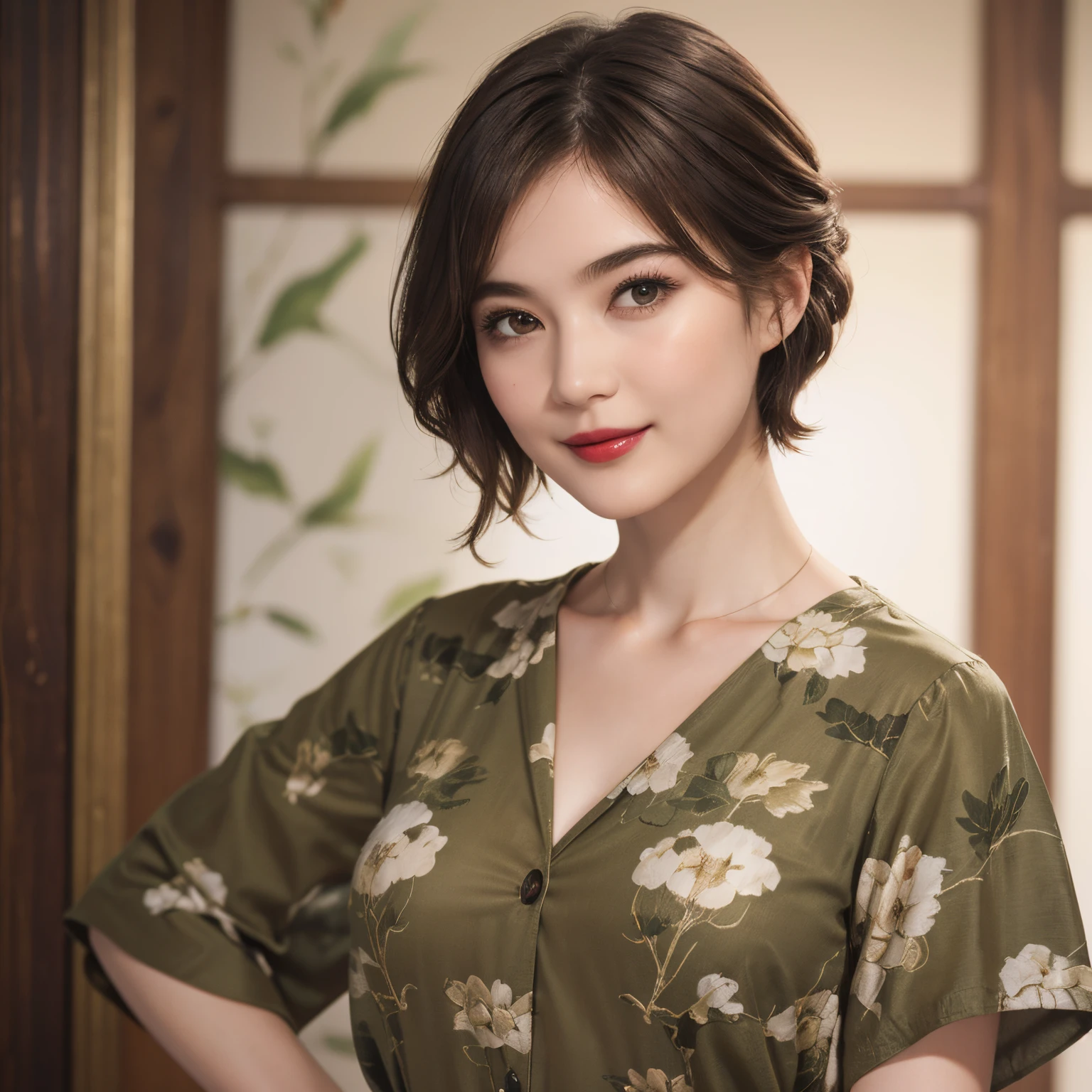 110
(a 20 yo woman,is standing), (A hyper-realistic), (high-level image quality), ((beautiful hairstyle 46)), ((short-hair)), (Gentle smile), (Keep your mouth shut), (lipsticks), (breasted:1.1), (wildlife print clothing)