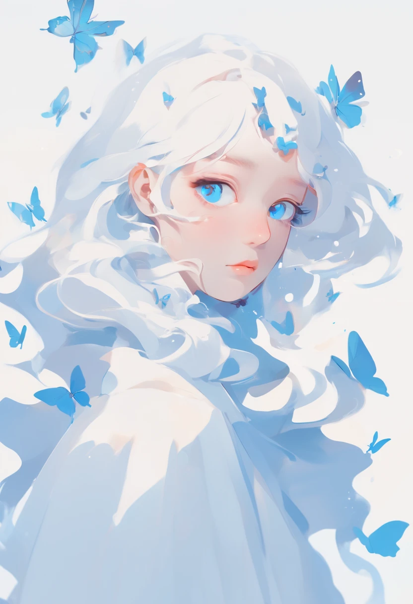 1girl，White hair，color contact lenses, colored eyelashes，cute，A few  butterflies，Blue background，White and blue，Sense of art，minimalist art，vector illustration，Flat illustration，anime