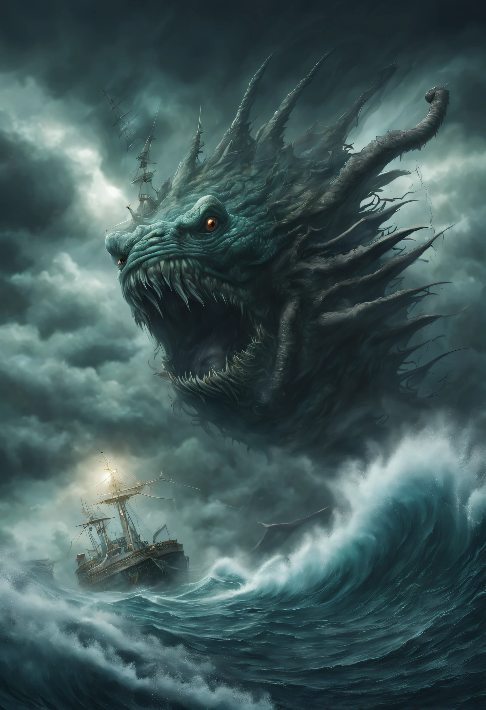 A very realistic and detailed underwater alien monster tries to catch a sinking ship. It's a monstrous storm with big waves. Large clouds and lightning are visible