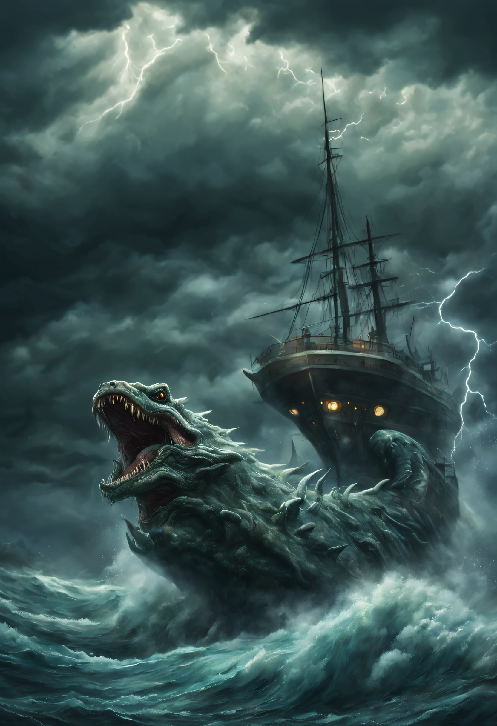 A very realistic and detailed underwater alien monster tries to catch a sinking ship. It's a monstrous storm with big waves. Large clouds and lightning are visible