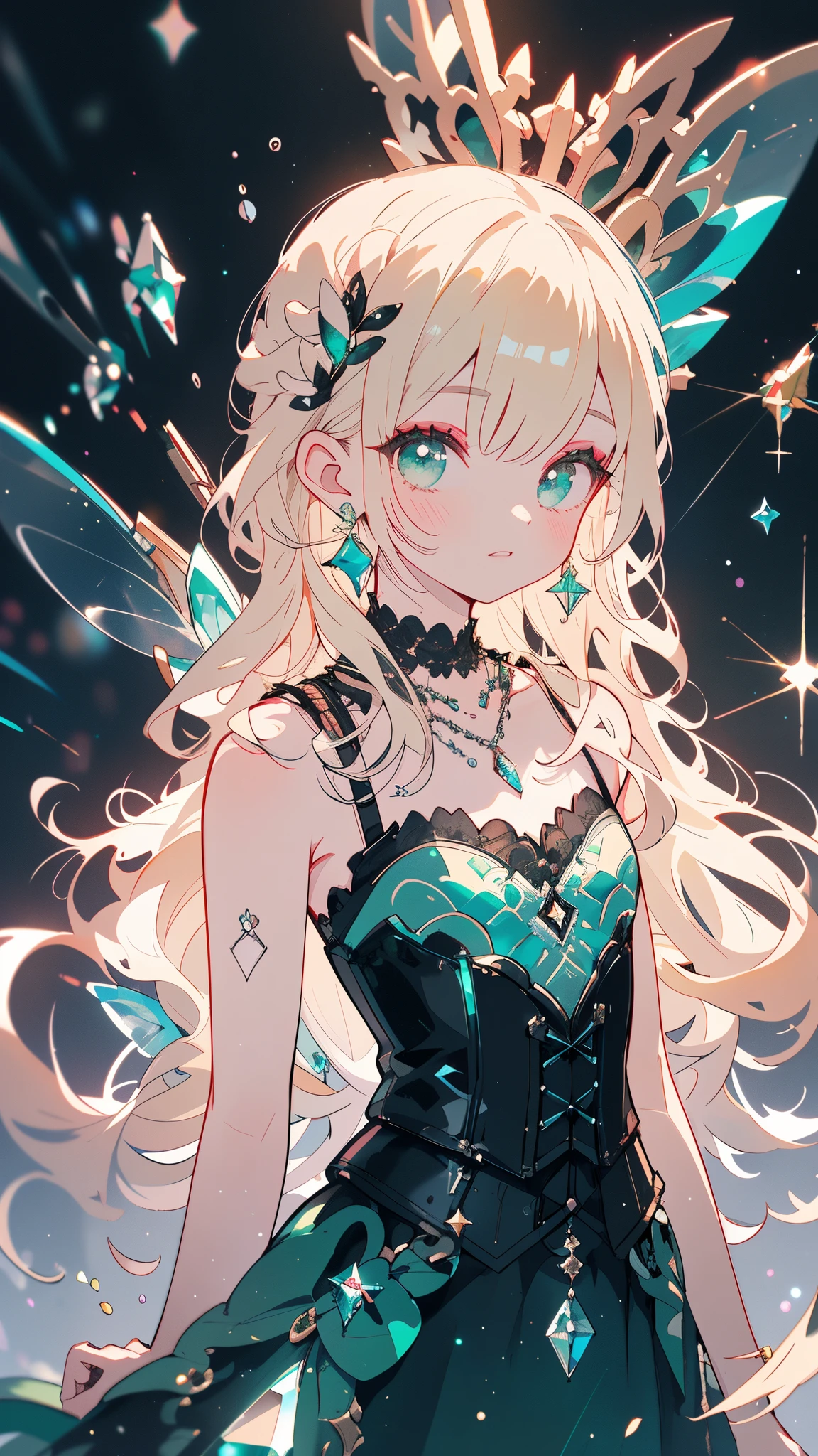 ​masterpiece, top-quality, illustratio, Missing the line of sight,Fluffy long blonde hair,emerald green gemstone,Platinum Earrings, Platinum Necklace,long black dress with corset,Cute Fairy Girl,lighting like a movie, Delicate Makeup,A detailed eye,depth of fields, bokeh dof, foco nítido,Many Small Gems