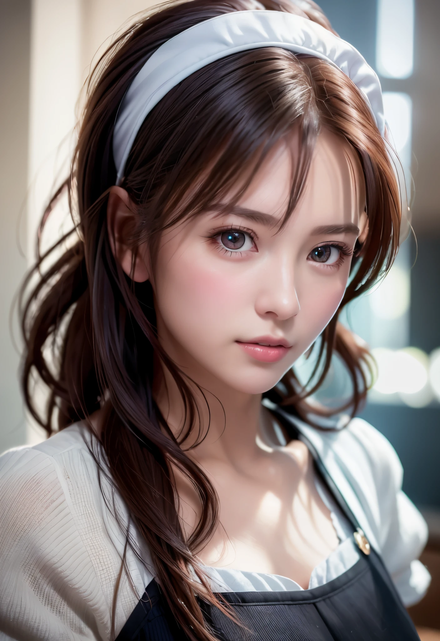 8K, of the highest quality, masutepiece:1.2), (Realistic, Photorealsitic:1.37), of the highest quality, masutepiece, Beautiful young woman, Pensive expression,、A charming、and an inviting look, Cute Maid Clothes, Hair tied back, Cinematic background, Light skin tone