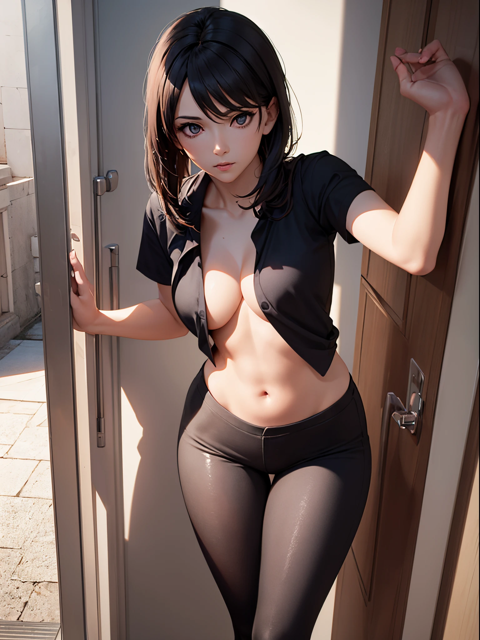 Woman wearing white short sleeves and black leggings，Posing for photos leaning against the door, Exposing the abdomen，The figure is good，The head is not exposed，[ 4K realism ]!!, [ 4K realism ]!!!, [ 4K digital art ]!!, Realistic shadow perfect body, realisticlying!!!!!!! art-style, photorealistic anime, by Shitao, Popular topics on cgstation, Casual pose, realistic anime 3D style