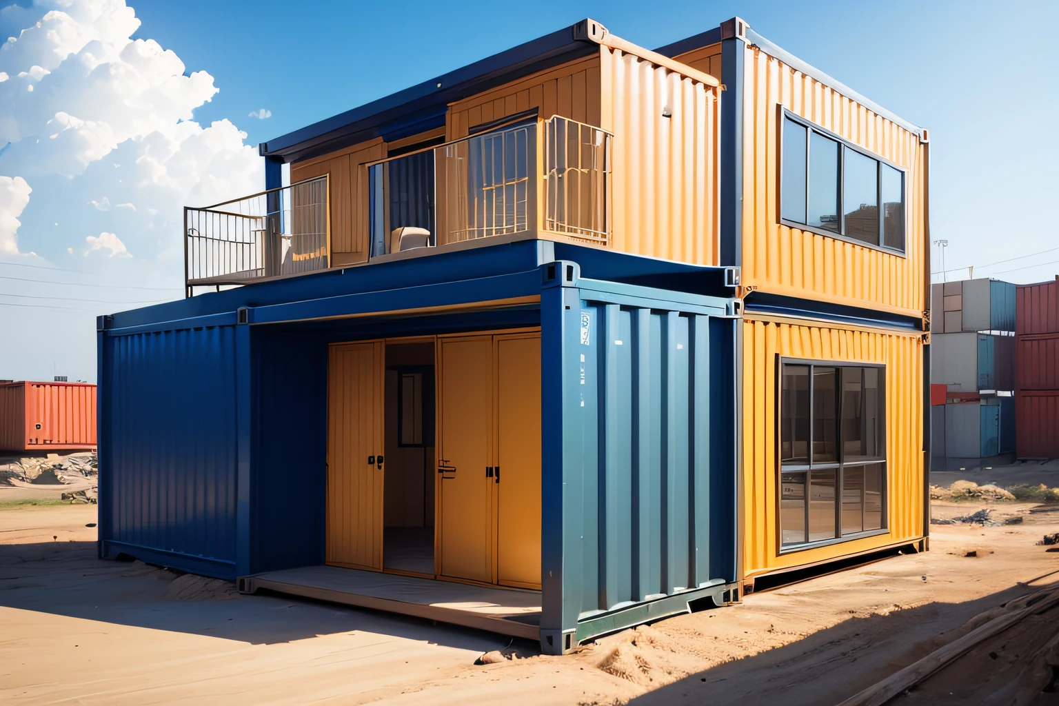 container house that folds by the side. The entrance is in front and it has a small window. 40ft wide container. container under construction, construction site, crane, construction equipment, yellow constructions site