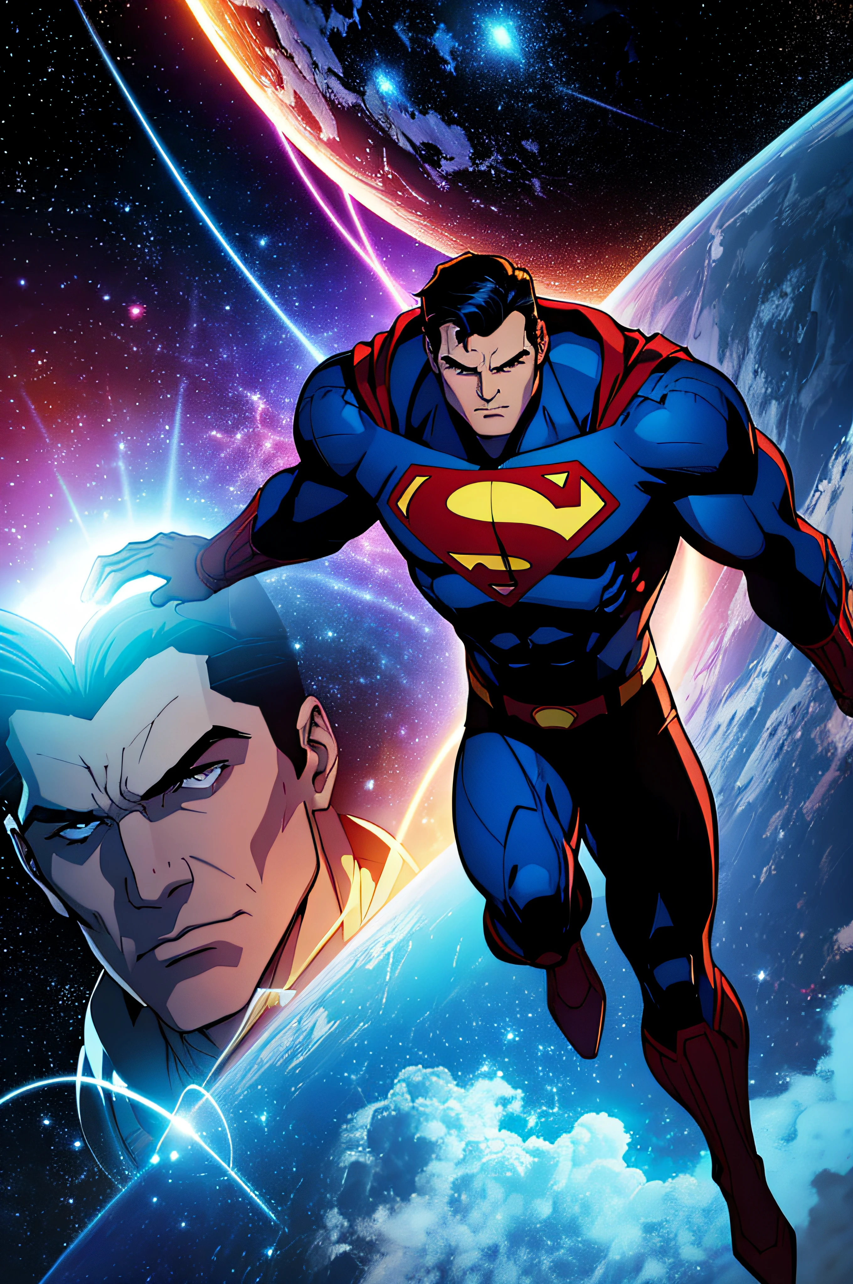 Generate an illustration featuring a superhero set in a cosmic space environment using a futuristic astronautic helmet, with a strong
emphasis on anatomical accuracy and realism. The character should adhere strictly to realistic
proportions, with accurate muscle definition and human features. Discourage exaggerated poses and
bold lines. Create a depiction that prioritizes true-to-life human anatomy against the backdrop of
the vastness of space, providing a departure from the stylized and dynamic characteristics associated
with Joe Shuster's Superman