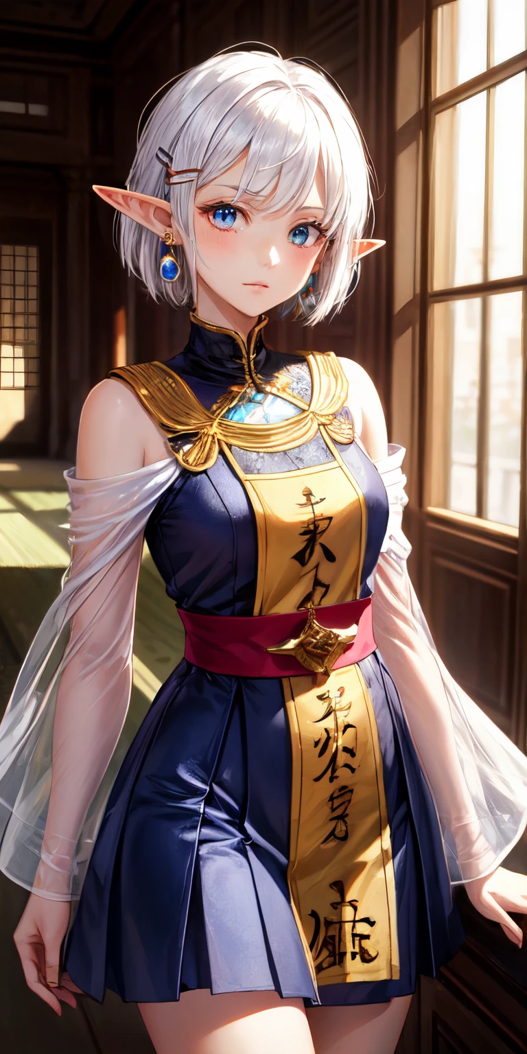 1 girl, elf, White hair, short hair, hair clip, wearing a dress, short skirt, hanafuda earrings, beautiful eyes, palace clothes, istana