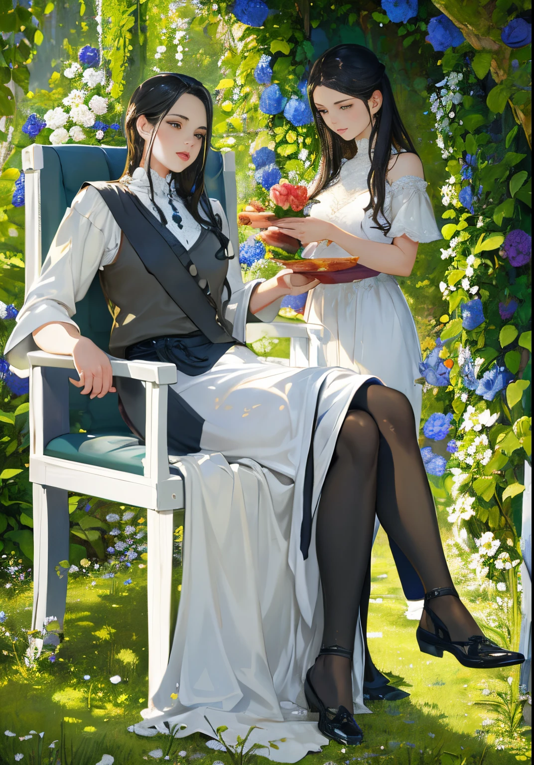 A girl in a garden, beautiful detailed eyes, beautiful detailed lips, extremely detailed eyes and face, long eyelashes, oil painting, ultra-detailed, professional, HDR, vivid colors, portraits, warm tones, soft lighting, blooming flowers, flowing dress, graceful pose, mesmerizing atmosphere, serene environment, natural beauty, enchanting scenery, storytelling ambiance, ethereal mood, magical garden.