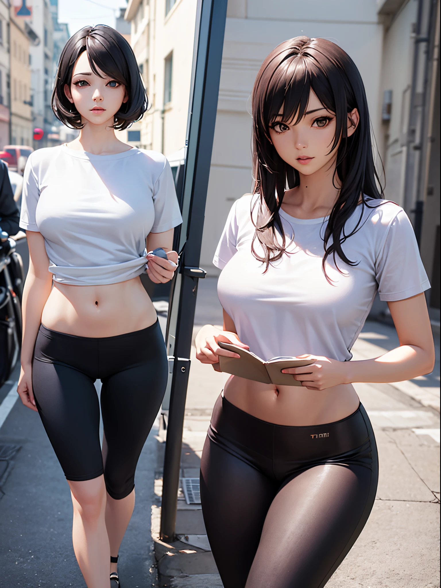 Woman wearing white short sleeves and black leggings posing for photo, Exposing the abdomen，The figure is good，The head is not exposed，[ 4K realism ]!!, [ 4K realism ]!!!, [ 4K digital art ]!!, Realistic shadow perfect body, realisticlying!!!!!!! art-style, photorealistic anime, by Shitao, Popular topics on cgstation, Casual pose, realistic anime 3D style