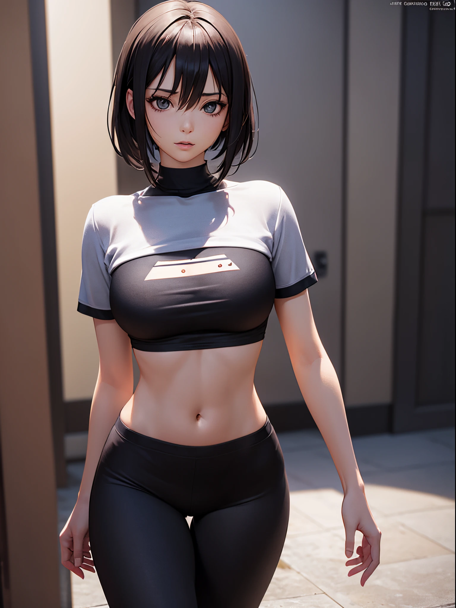 Woman wearing white short sleeves and black leggings posing for photo, Exposing the abdomen，The figure is good，The head is not exposed，[ 4K realism ]!!, [ 4K realism ]!!!, [ 4K digital art ]!!, Realistic shadow perfect body, realisticlying!!!!!!! art-style, photorealistic anime, by Shitao, Popular topics on cgstation, Casual pose, realistic anime 3D style