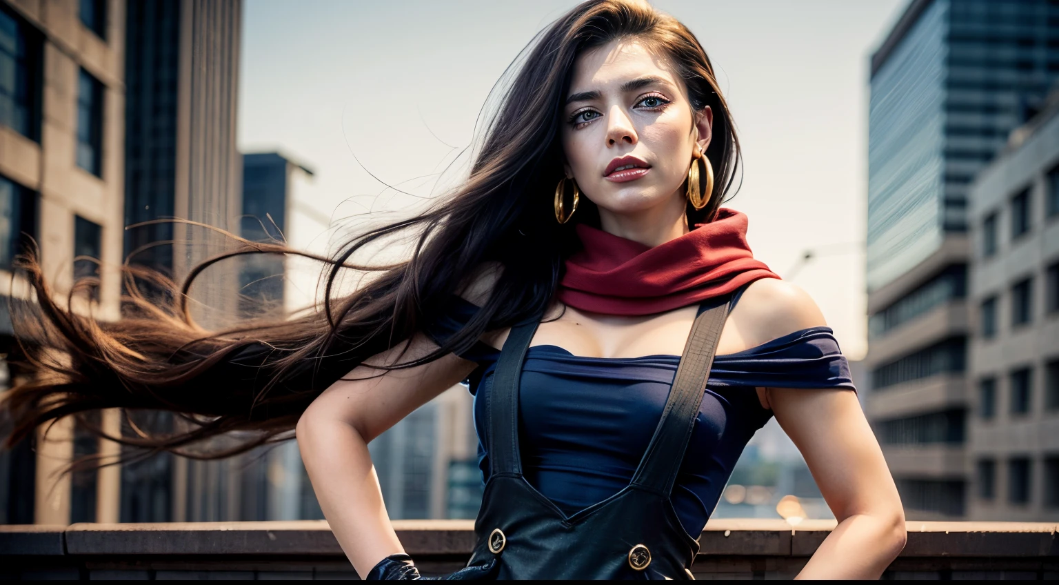 (masterpiece, best quality:1.2), cowboy shot, solo, 1girl, lisa lisa, slight smile, closed mouth, looking at viewer, hands on hips, off-shoulder dress, pantyhose, gloves, red scarf, jewelry, earrings