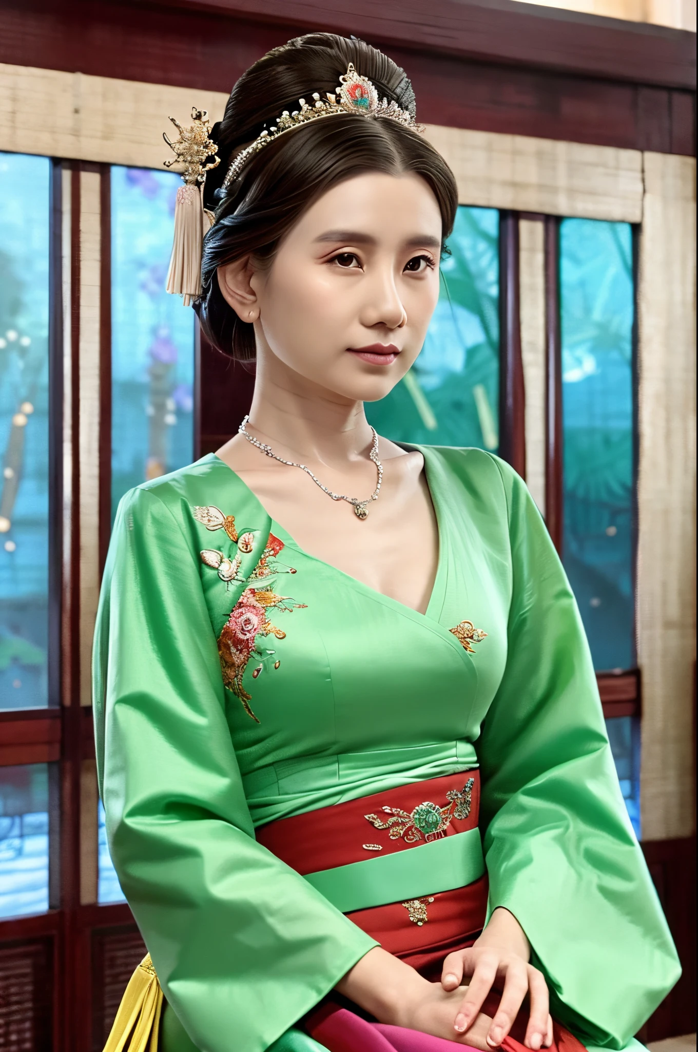 a close up of a woman wearing a green dress and a tia, a colorized photo inspired by Huang Ji, trending on cg society, cloisonnism, palace , a girl in hanfu, chinese style, hanfu, wearing ancient chinese clothes, beautiful render of tang dynasty, a beautiful fantasy empress, traditional beauty, ((a beautiful fantasy empress)), traditional chinese, ,((Best quality))),8k,((Masterpiece)),(Extremely refined and beautiful),