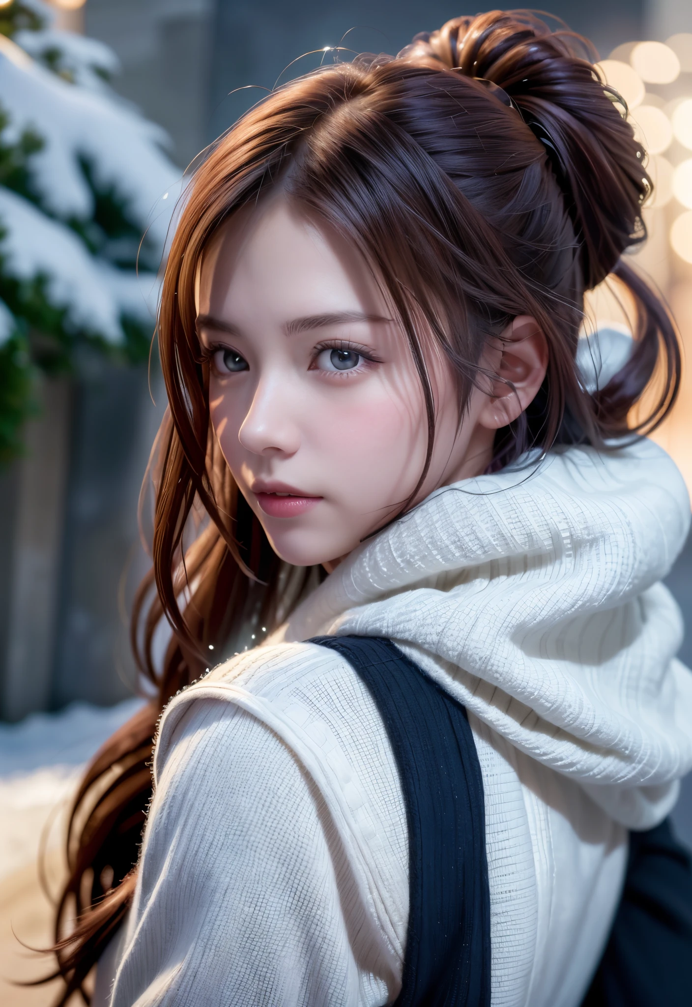 8K, of the highest quality, masutepiece:1.2), (Realistic, Photorealsitic:1.37), of the highest quality, masutepiece, Beautiful young woman, Pensive expression,、A charming、and an inviting look、snowboarder、Ski Wear, Hair tied back, Cinematic background, Light skin tone、snowscape