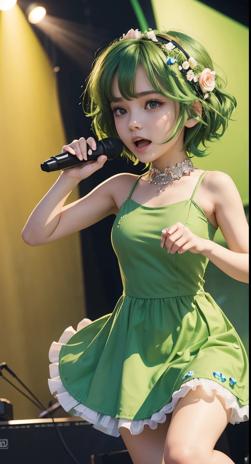 18 year old girl, she is wearing a green dress, she has short green hair, she has green eyes, she is holding a mic, she is singing, very realistic, very detailed