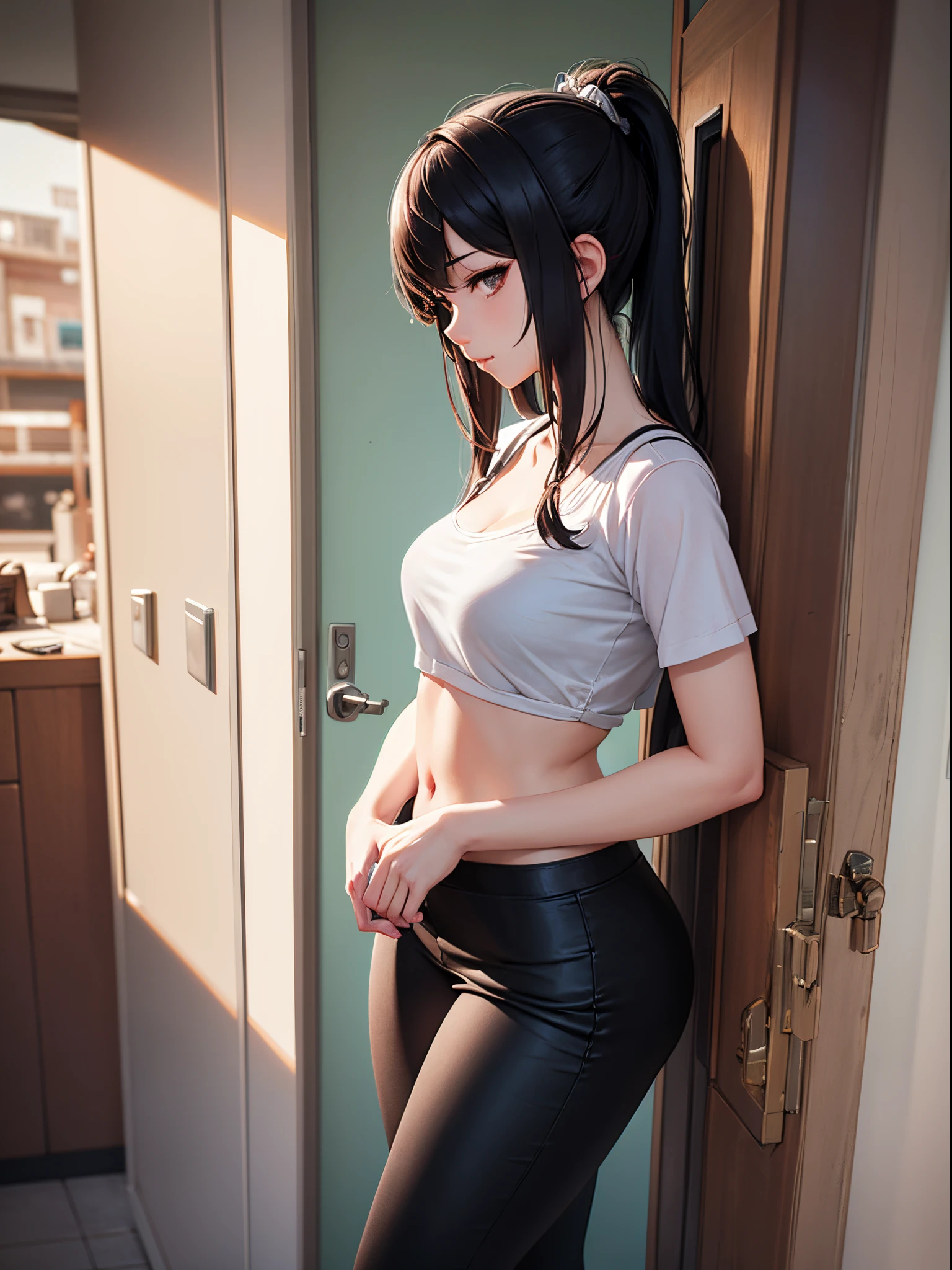 A woman who is，[Wear black leggings]!!!，Posing for photos leaning against the door, The head is not exposed，[Wear white short-sleeved upper body with belly button exposed]!!!，[Bust photo]!!!an anime drawing by Shitao, Hot topics on pixiv, scribbles, realistic anime 3D style, seductive anime girls, attractive anime girls, Guweiz style artwork, beautiful alluring anime , Casual pose, anime girl in real life, realistic young anime girl, ecchi style