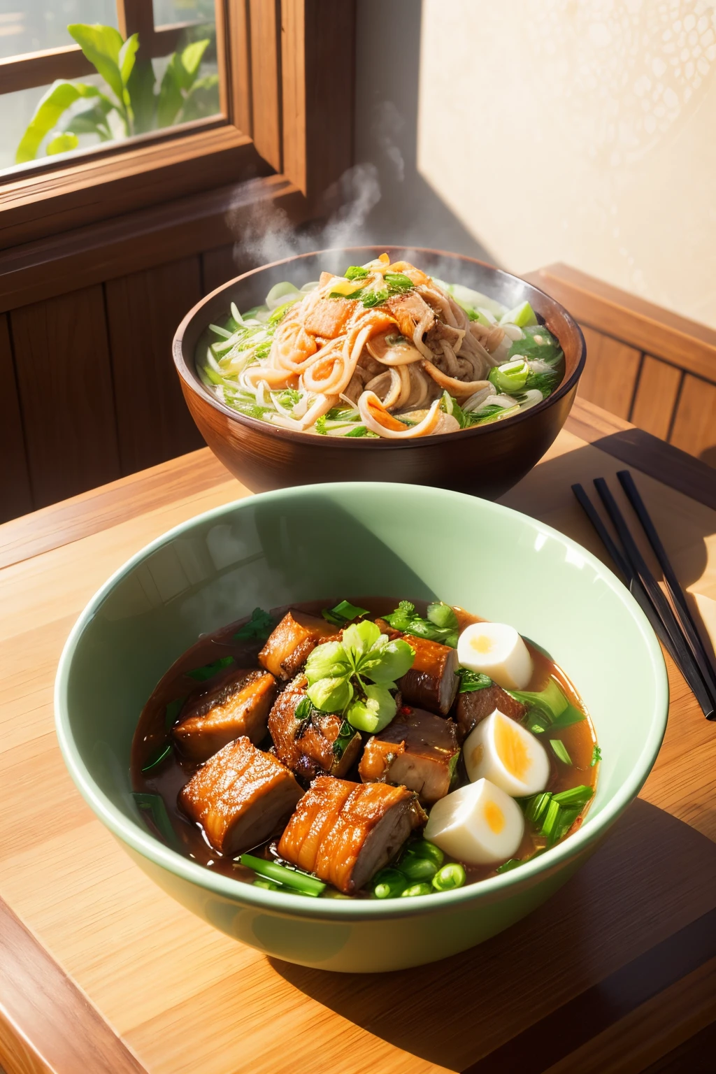 A bowl of noodles with braised pork, green onions, and vegetables, (best quality, highres, ultra-detailed), (realistic:1.37), traditional Chinese dish, sunlight streaming in through the window, white steam rising from the bowl, chopsticks picking up the noodles, savory broth swirling in the bowl, glossy braised pork slices, finely chopped green onions garnishing the dish, vibrant colors of the vegetables, authentic flavors captured in every bite, a peaceful and inviting atmosphere, mouth-watering aroma filling the room, delicate porcelain bowl showcasing the dish, the perfect balance of textures and flavors, a taste of home and comfort.
