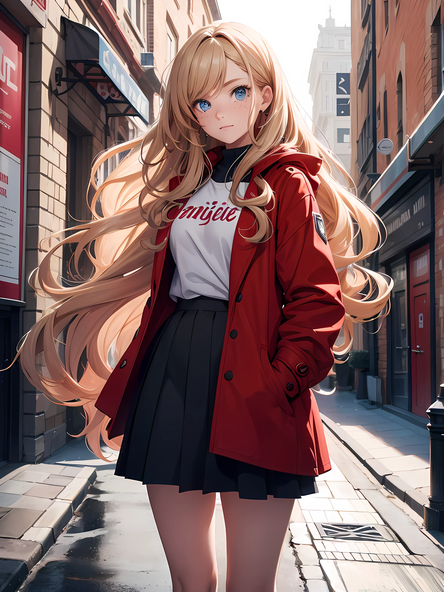 one  girl, she had long curly blond hair, blue eyes, she had freckles, wearing a red coat, wearing a black skirt, english city, high res, ultrasharp, 8k