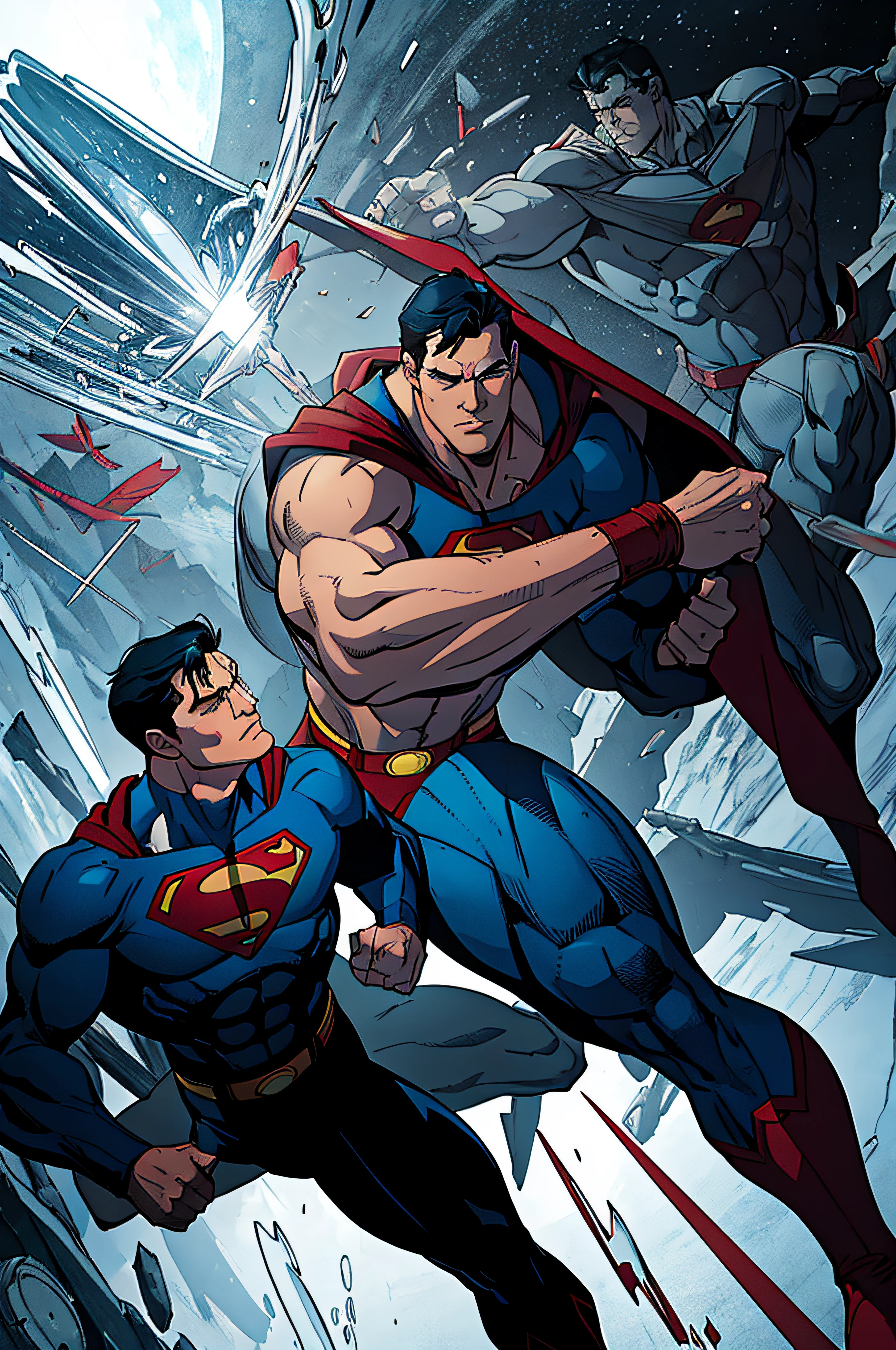 Generate a poignant illustration that captures the duality of Clark Kent and Superman.
Begin with Clark Kent in a contemplative pose, emphasizing anatomical accuracy and realism.
Showcase his everyday attire, ensuring his anatomy adheres strictly to realistic proportions.
Depict him in a moment of reflection, reminiscent of remembering a recent heroic battle.
Transition seamlessly to a dynamic scene featuring Superman in the midst of combat.
Maintain a focus on anatomical accuracy and realism, steering clear of exaggerated poses and bold lines.
Illustrate Superman's physique with accurate muscle definition and human features.
Convey a sense of power and determination as he engages in a heroic struggle.
The goal is to create a composition that emphasizes the contrast between Clark Kent's ordinary
moments and Superman's extraordinary actions, all while adhering to true-to-life human anatomy.
Avoid fantastical elements and prioritize the subtleties of human form over the stylized and dynamic
characteristics associated with Joe Shuster's iconic superhero artwork